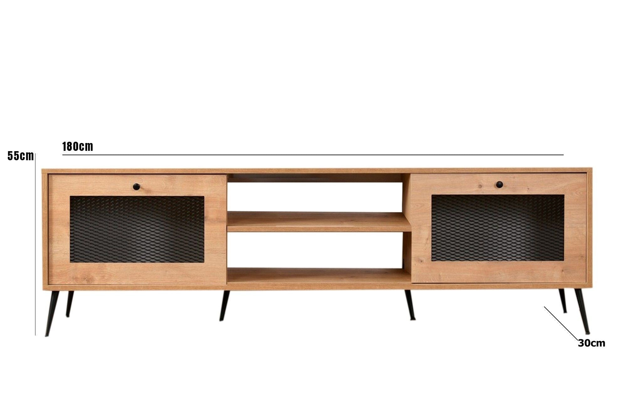 Móvel de TV elegante, carvalho e preto, 180 x 55 x 30 cm | Painel de partículas 100% revestido de melamina, portas de MDF e arame metálico, pernas de metal resistentes | Design moderno para sala de estar