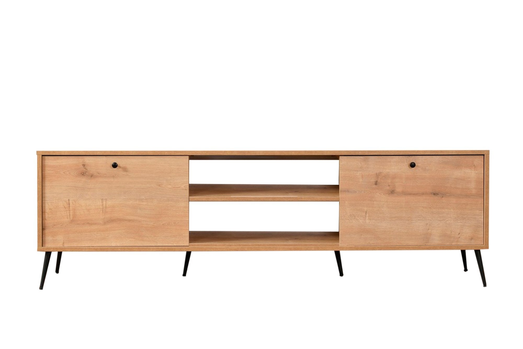 Móvel de TV elegante com pernas de metal, carvalho e preto, 180 x 55 x 30 cm | Painel de partículas 100% revestido de melamina | Design moderno para salas de estar e espaços de entretenimento