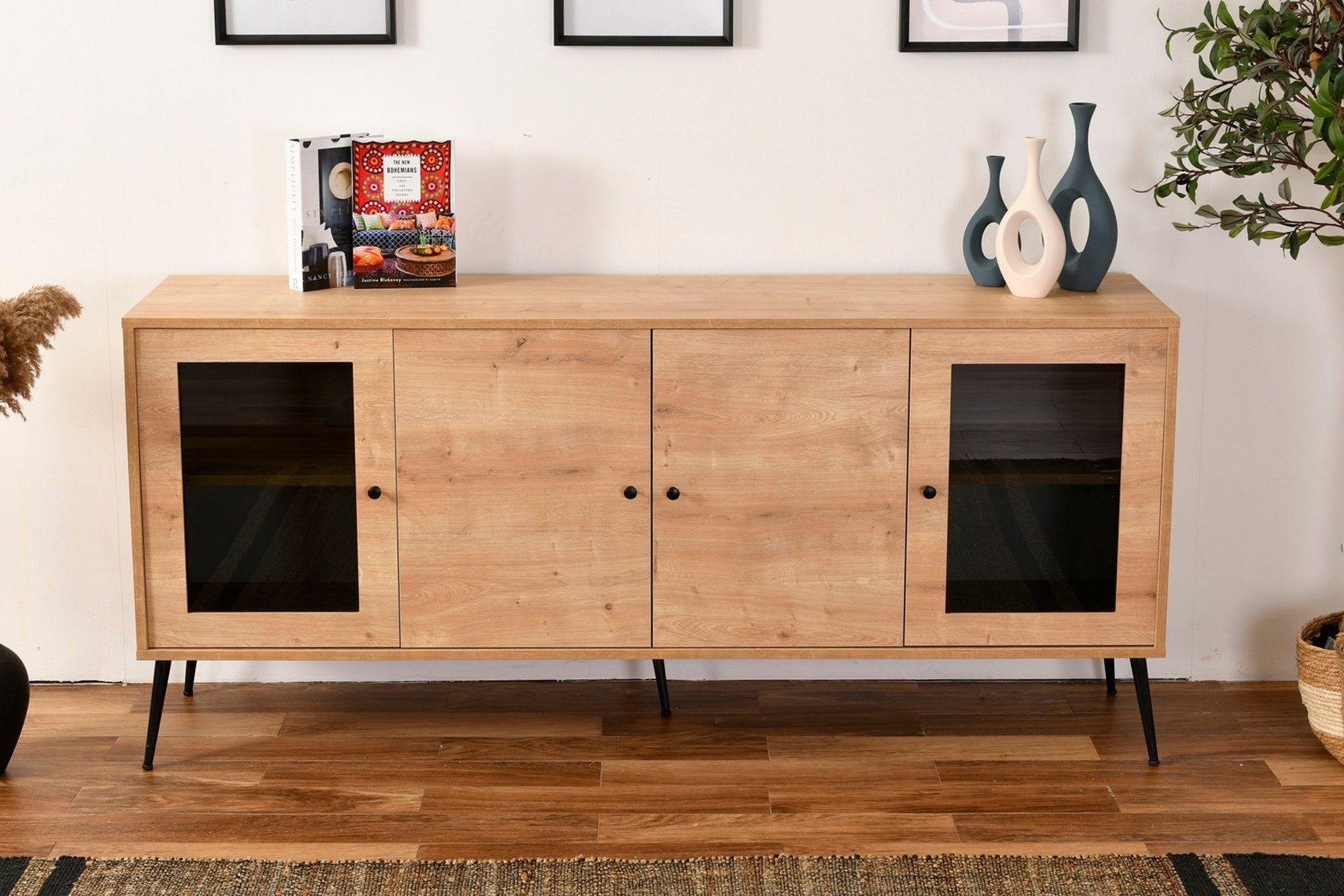 Aparador Elegante, Carvalho e Preto, 180 x 81 x 41 cm | Painel de Partículas 100% Revestido em Melamina, Pés de Metal, 20 cm de Altura | Perfeita para Espaços Modernos