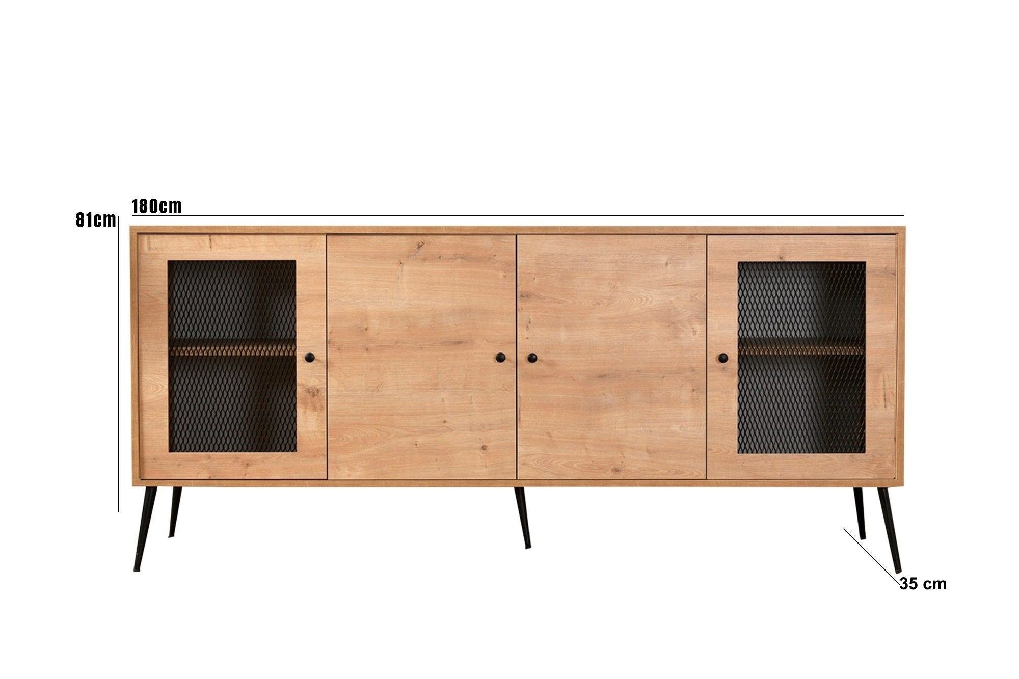 Aparador Elegante, Carvalho e Preto, 180 x 81 x 35 cm | Painel de Partículas 100% Revestido em Melamina, MDF e Portas de Arame Metálico, Pernas de Metal Resistente | Design Moderno para Sala de Estar