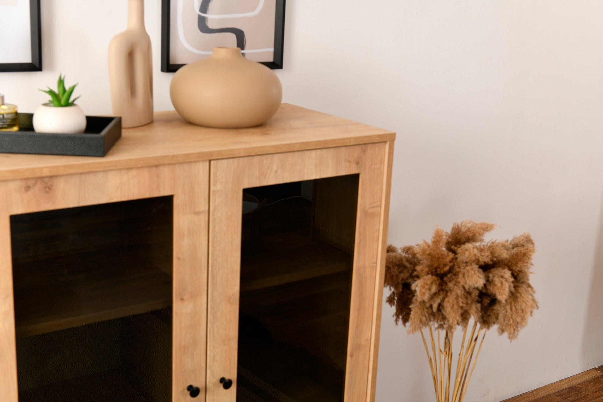 Aparador elegante com pernas de metal, carvalho e preto, 90 x 41 x 110 cm | Painel de partículas 100% revestido de melamina | Solução de armazenamento moderna para casa e escritório