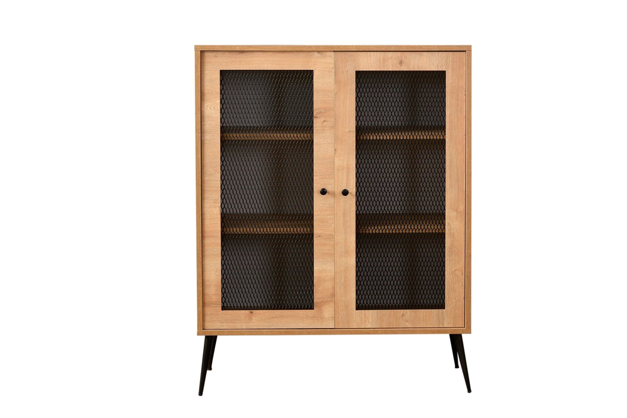 Aparador elegante em carvalho e preto, 90 x 35 x 110 cm | Painel de partículas 100% revestido em melamina, portas de MDF e arame metálico, pernas de metal resistentes | Solução de armazenamento moderna