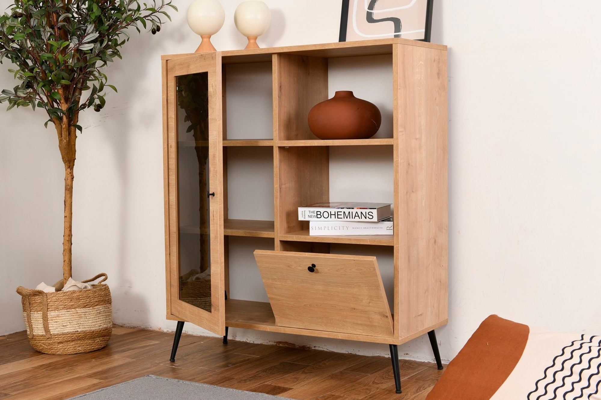 Armário multifuncional elegante, carvalho e preto, 90 x 41 x 110 cm | Painel de partículas 100% revestido em melamina, pernas de metal (15 cm) | Ideal para armazenamento em casa e no escritório