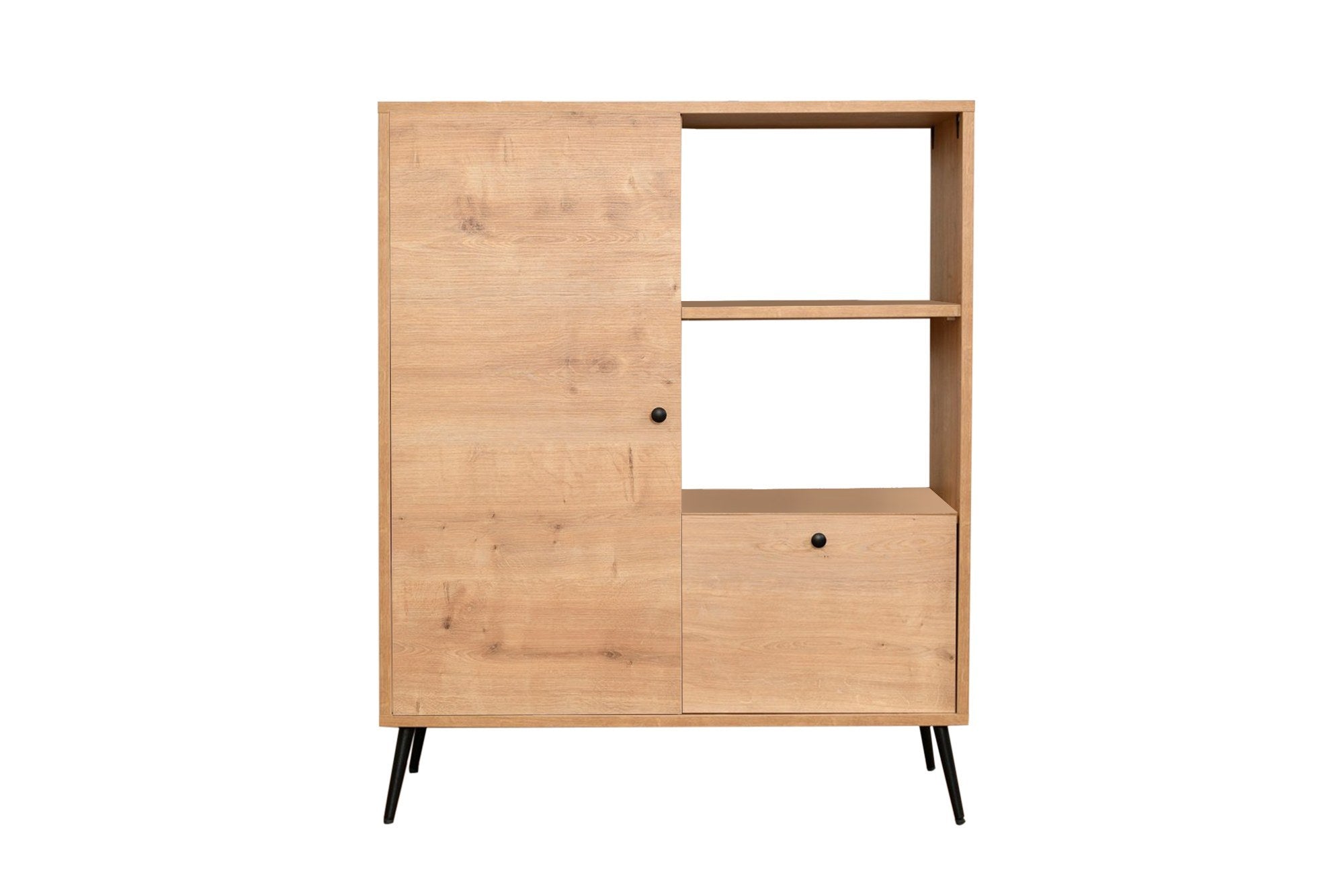 Armário multifuncional elegante, carvalho e preto, 90 x 35 x 110 cm | Painel de partículas 100% revestido de melamina, pernas de metal, 15 cm de altura | Ideal para armazenamento em casa e no escritório