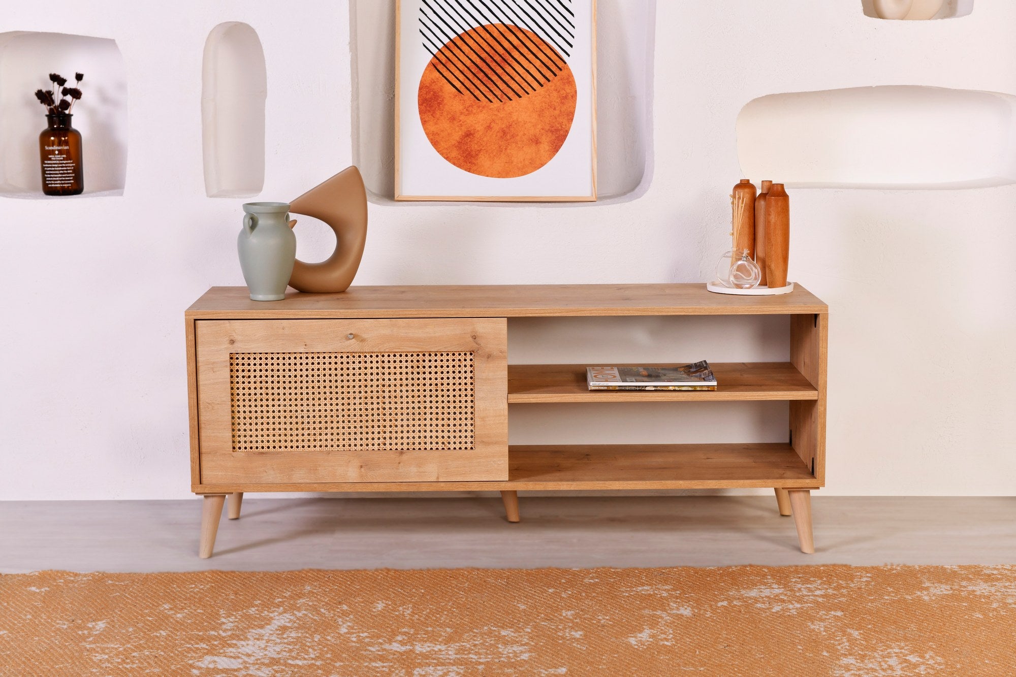 Suporte de TV elegante em carvalho, 138 x 55 x 41 cm | Painel de partículas 100% revestido em melamina, pernas em madeira de carpa (15 cm) | Perfeito para salas de estar modernas