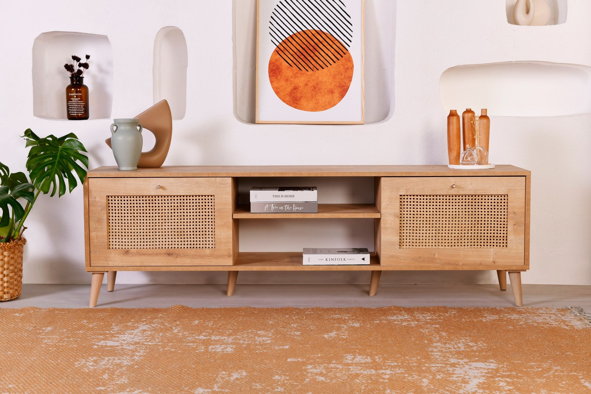 Suporte de TV elegante em carvalho, 180 x 55 x 41 cm | Painel de partículas 100% revestido em melamina e pés em madeira de carpa | Design moderno para salas de estar e espaços de entretenimento