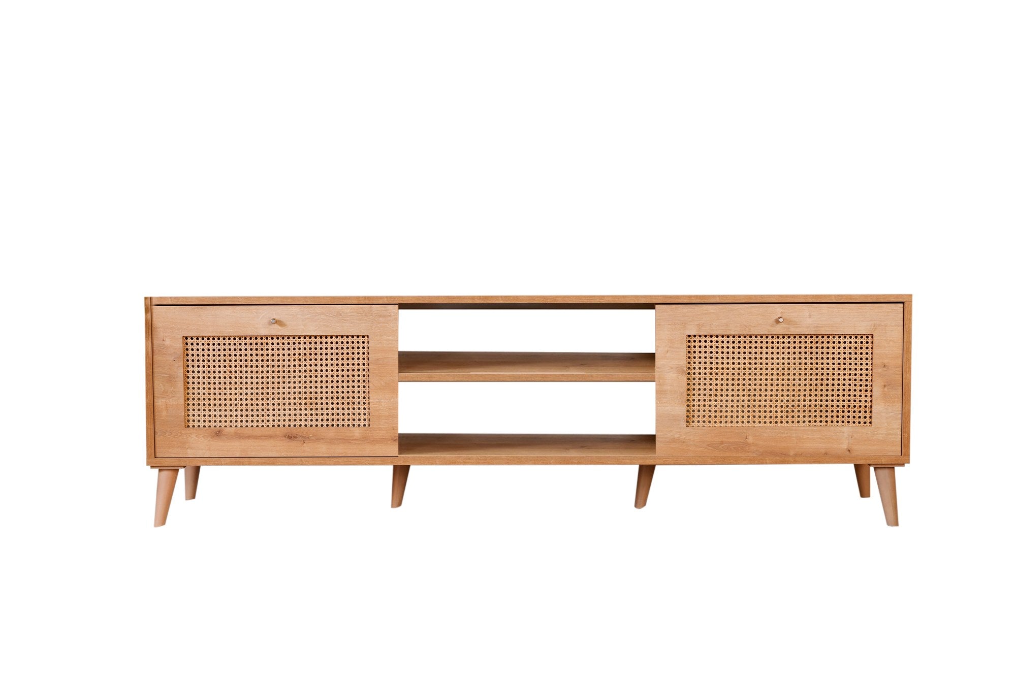 Suporte de TV elegante em carvalho, 180 x 55 x 41 cm | Painel de partículas 100% revestido em melamina e pés em madeira de carpa | Design moderno para salas de estar e espaços de entretenimento