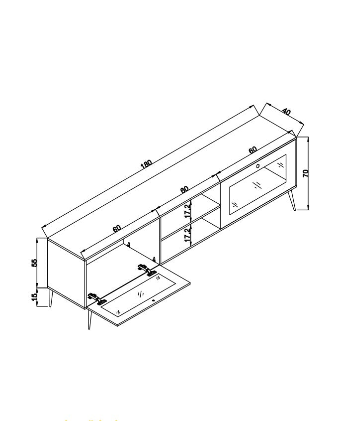 Suporte de TV elegante em carvalho, 180 x 55 x 41 cm | Painel de partículas 100% revestido em melamina e pés em madeira de carpa | Design moderno para salas de estar e espaços de entretenimento