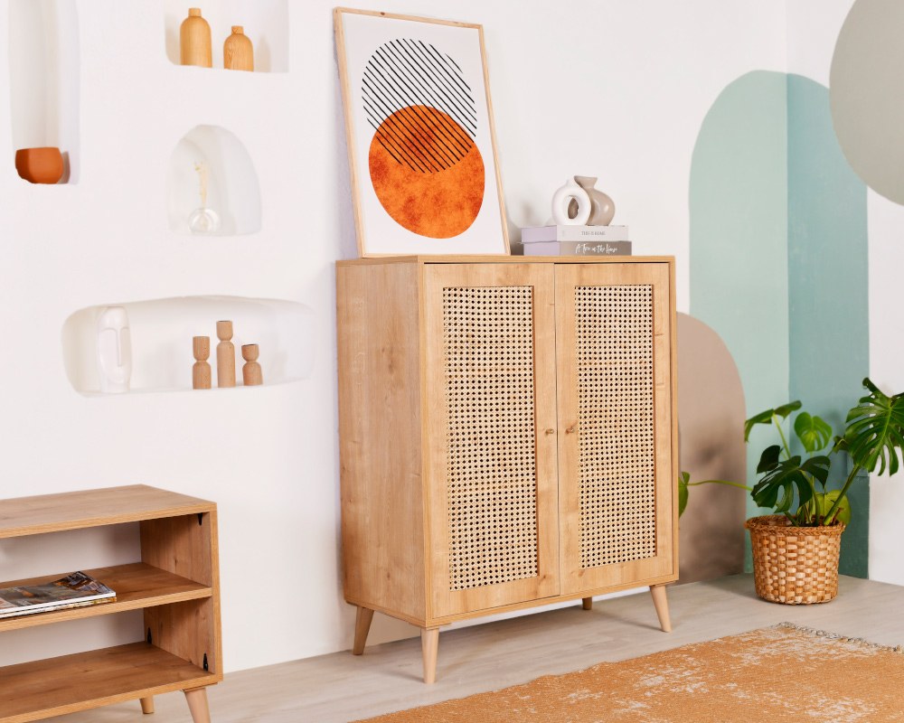 Aparador elegante de carvalho, 100% madeira de carpa, 90 x 40 x 110 cm | Pernas robustas de carpa | Perfeito para salas de estar e jantar modernas