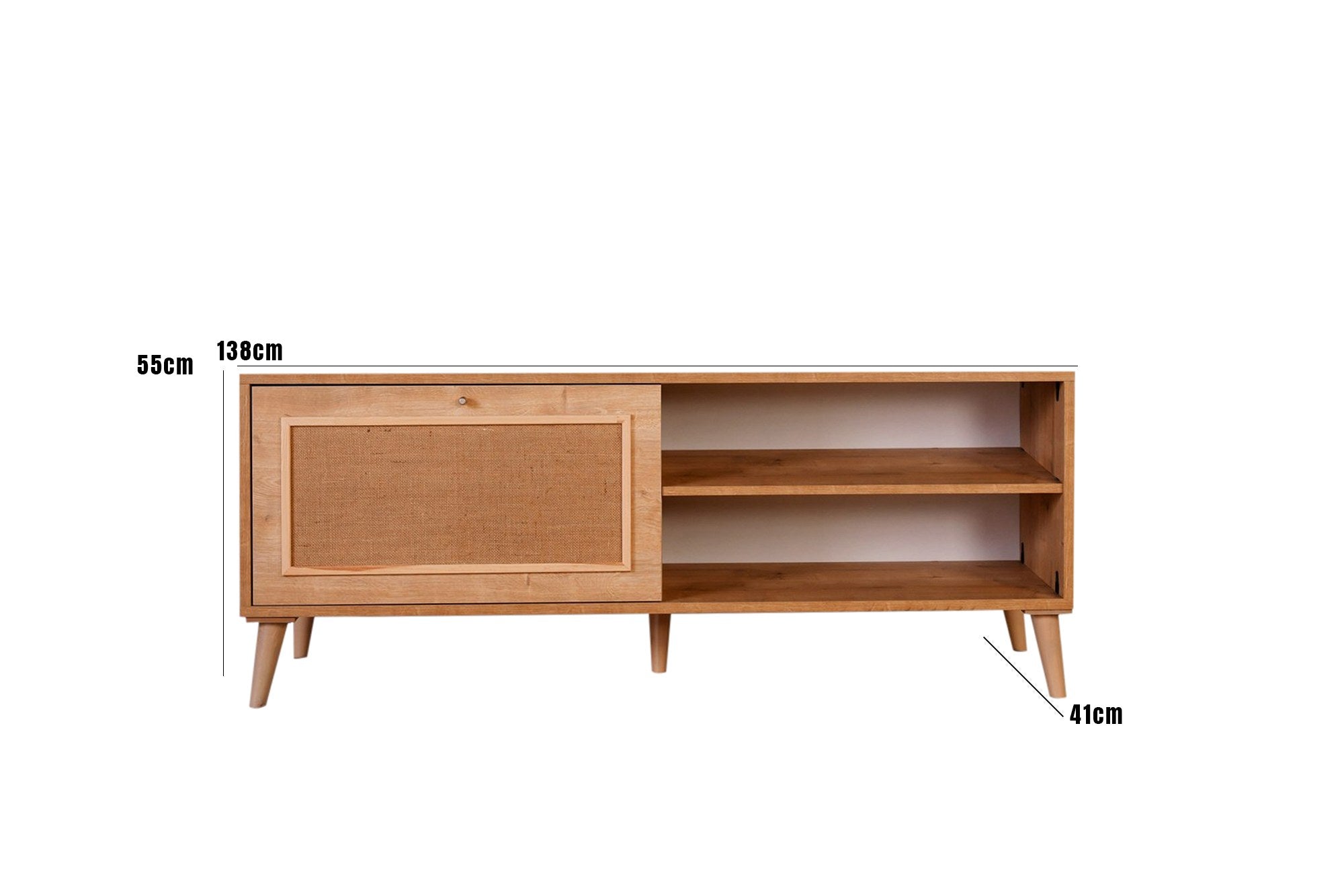 Suporte de TV elegante em carvalho, 138 x 55 x 41 cm | Painel de partículas 100% revestido em melamina, pernas em madeira de carpa (15 cm) | Perfeito para salas de estar modernas