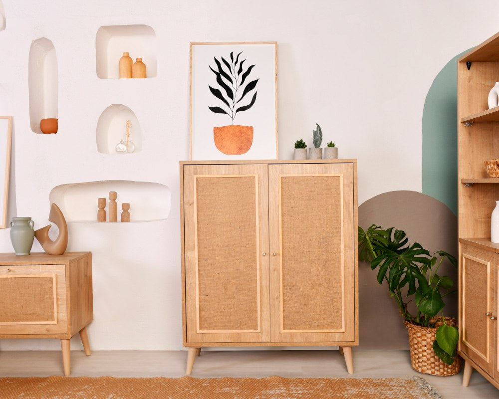 Aparador elegante de carvalho, 100% madeira de carpa, tecido de juta, 40 x 90 x 110 cm | Pernas robustas de carpa | Perfeito para salas de estar e salas de jantar modernas