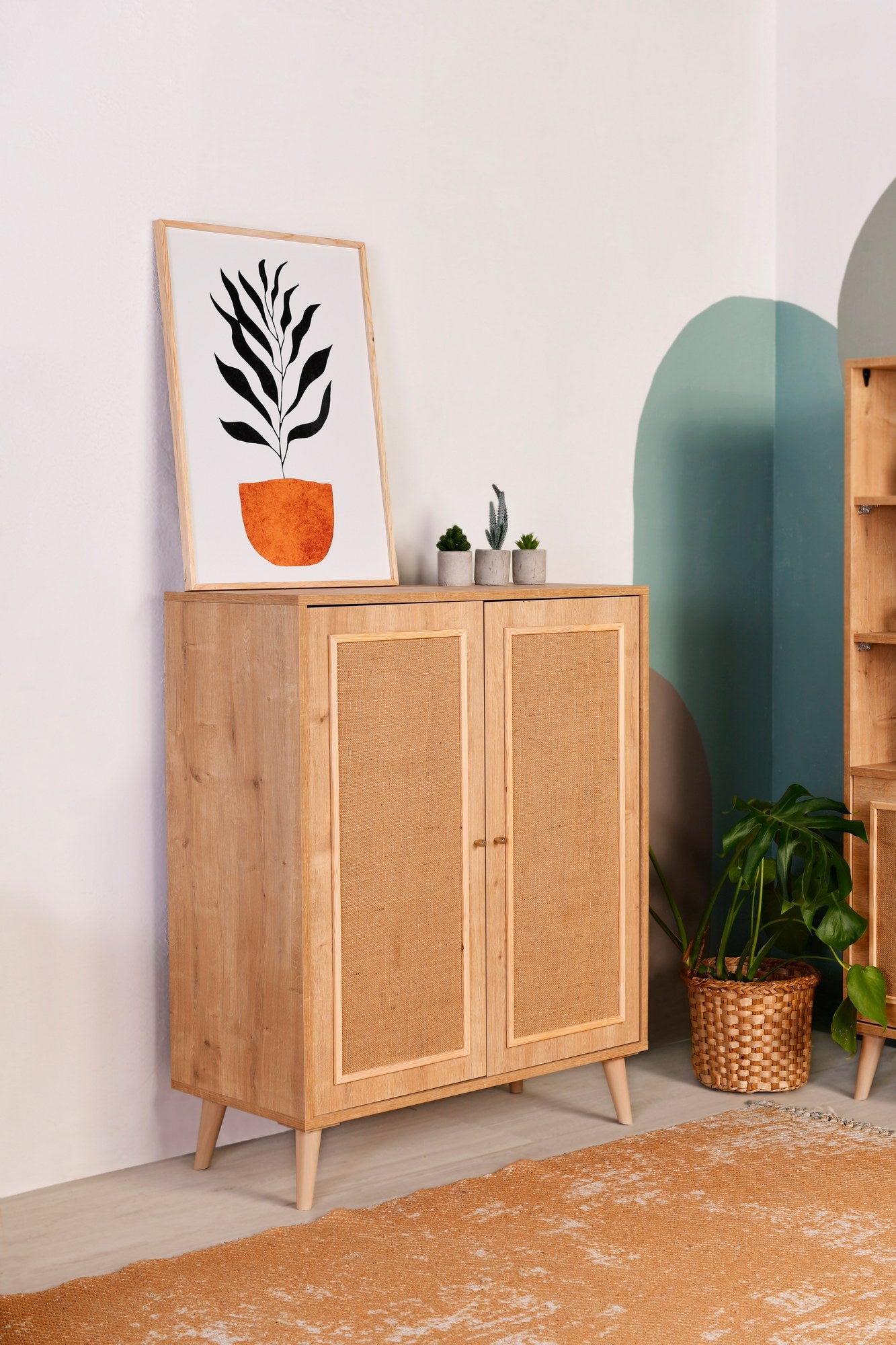 Aparador elegante de carvalho, 100% madeira de carpa, tecido de juta, 40 x 90 x 110 cm | Pernas robustas de carpa | Perfeito para salas de estar e salas de jantar modernas