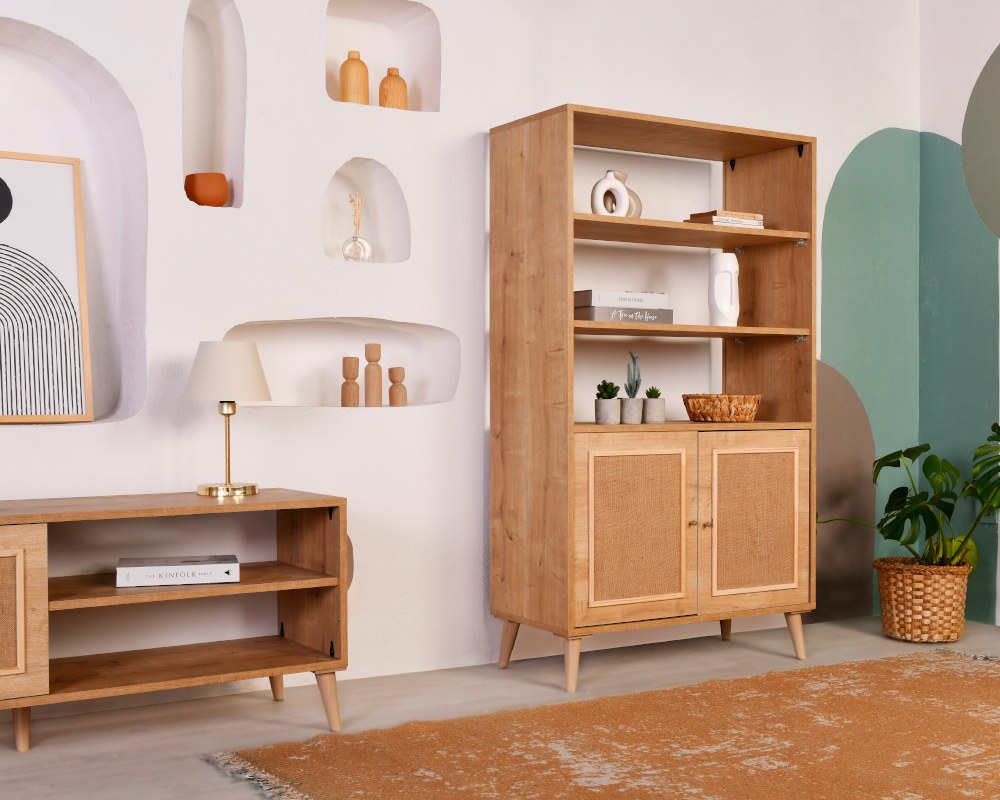 Estante elegante de carvalho, 40 cm x 90 cm x 110 cm | 100% madeira de carpa e tecido de juta | Design resistente, capacidade de 30 kg | Perfeita para casa e escritório