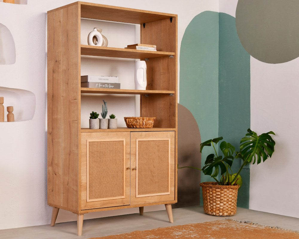 Estante elegante de carvalho, 40 cm x 90 cm x 110 cm | 100% madeira de carpa e tecido de juta | Design resistente, capacidade de 30 kg | Perfeita para casa e escritório