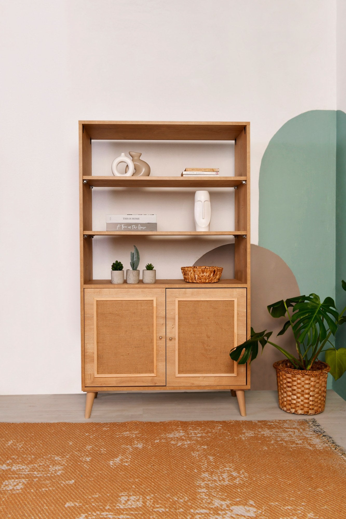 Estante elegante de carvalho, 40 cm x 90 cm x 110 cm | 100% madeira de carpa e tecido de juta | Design resistente, capacidade de 30 kg | Perfeita para casa e escritório