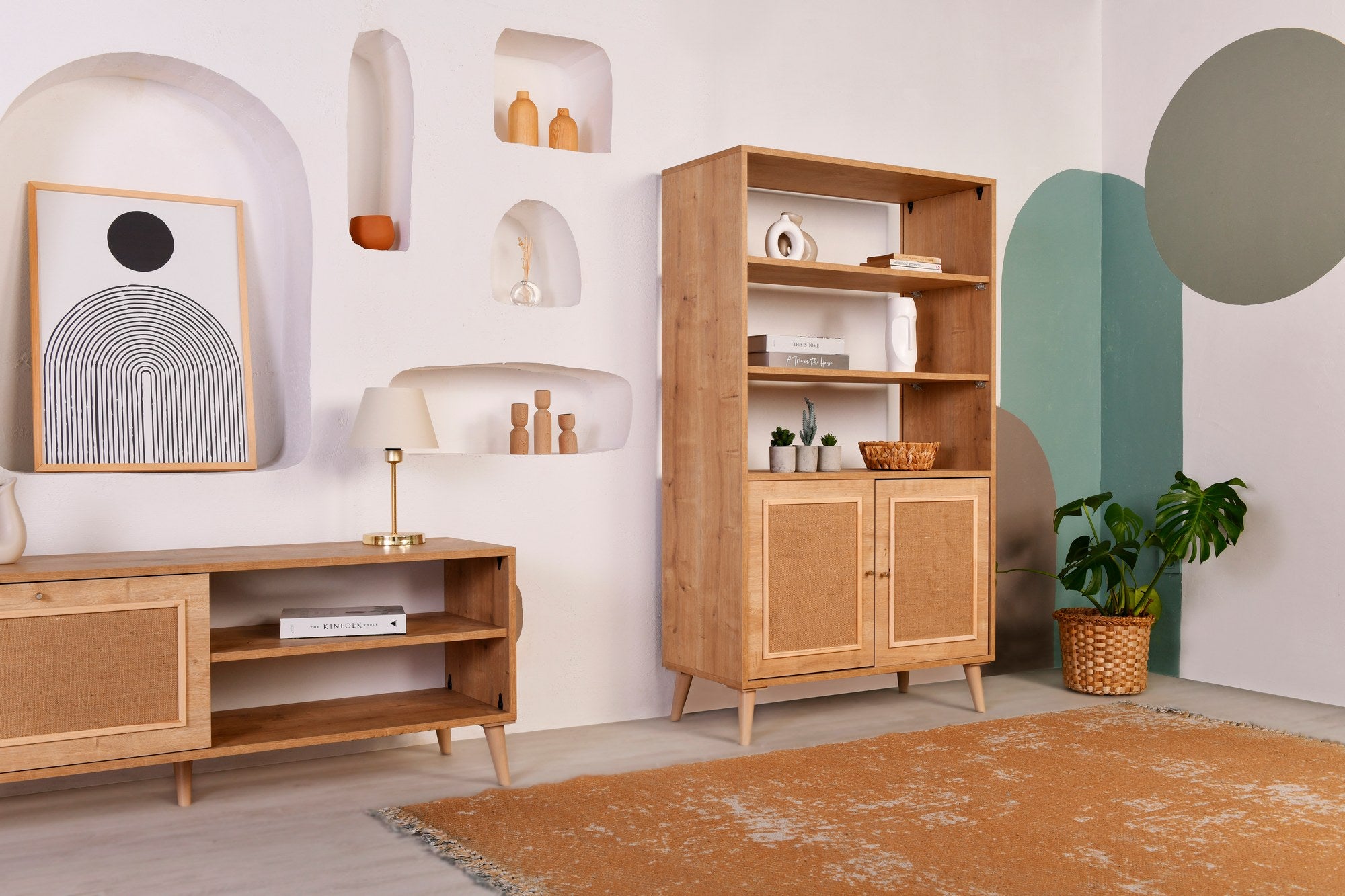 Estante elegante de carvalho, 40 cm x 90 cm x 110 cm | 100% madeira de carpa e tecido de juta | Design resistente, capacidade de 30 kg | Perfeita para casa e escritório