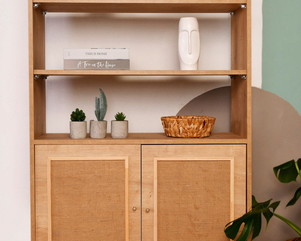 Estante elegante de carvalho, 40 cm x 90 cm x 110 cm | 100% madeira de carpa e tecido de juta | Design resistente, capacidade de 30 kg | Perfeita para casa e escritório