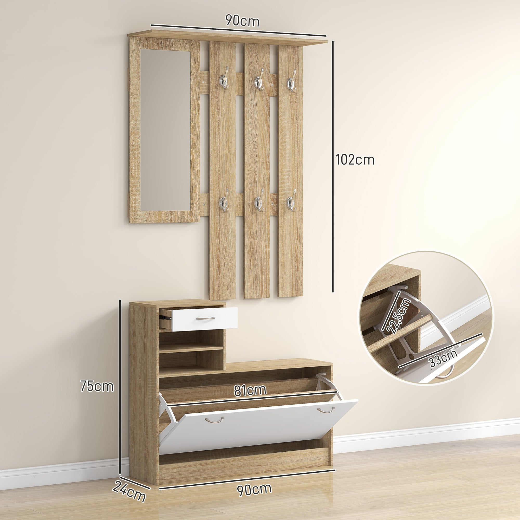 Móvel Cabide de Entrada 3 em 1 - 90x10x102 cm - Branco e Madeira