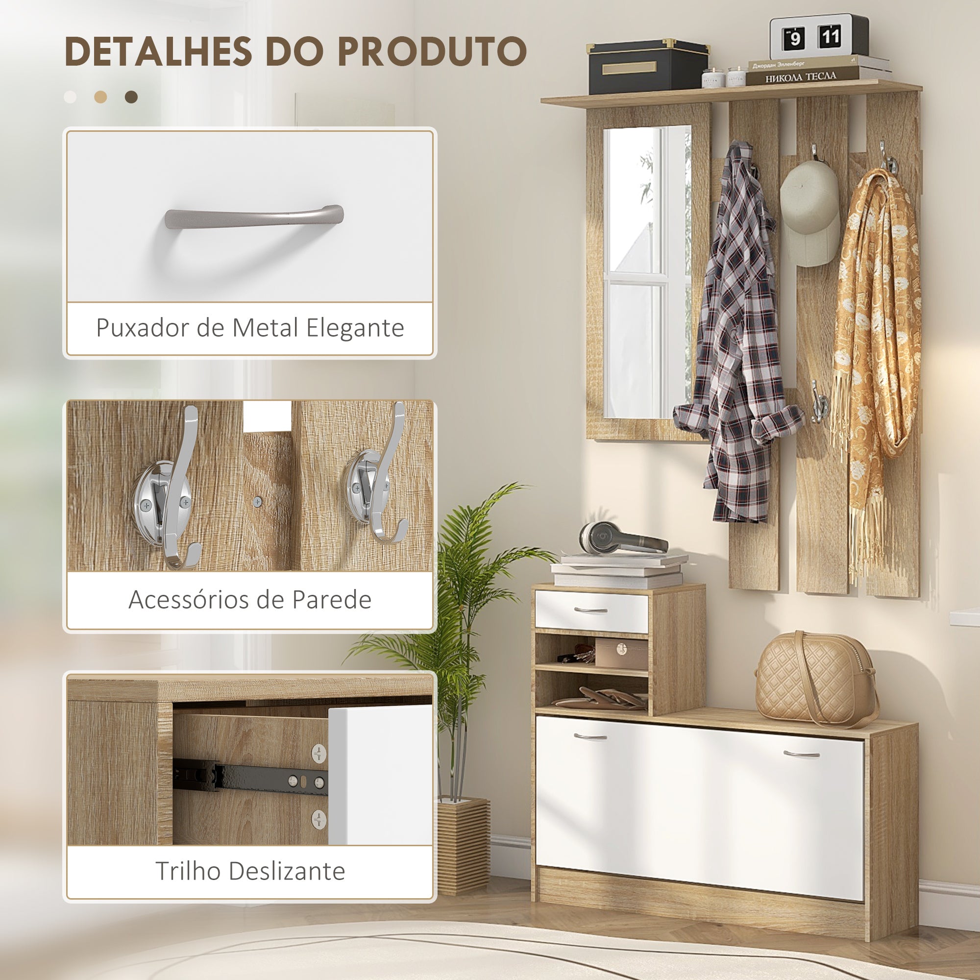 Móvel Cabide de Entrada 3 em 1 - 90x10x102 cm - Branco e Madeira