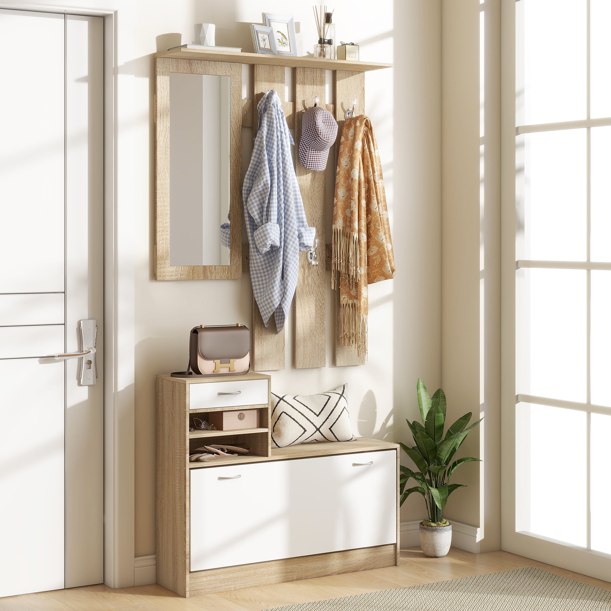 Móvel Cabide de Entrada 3 em 1 - 90x10x102 cm - Branco e Madeira