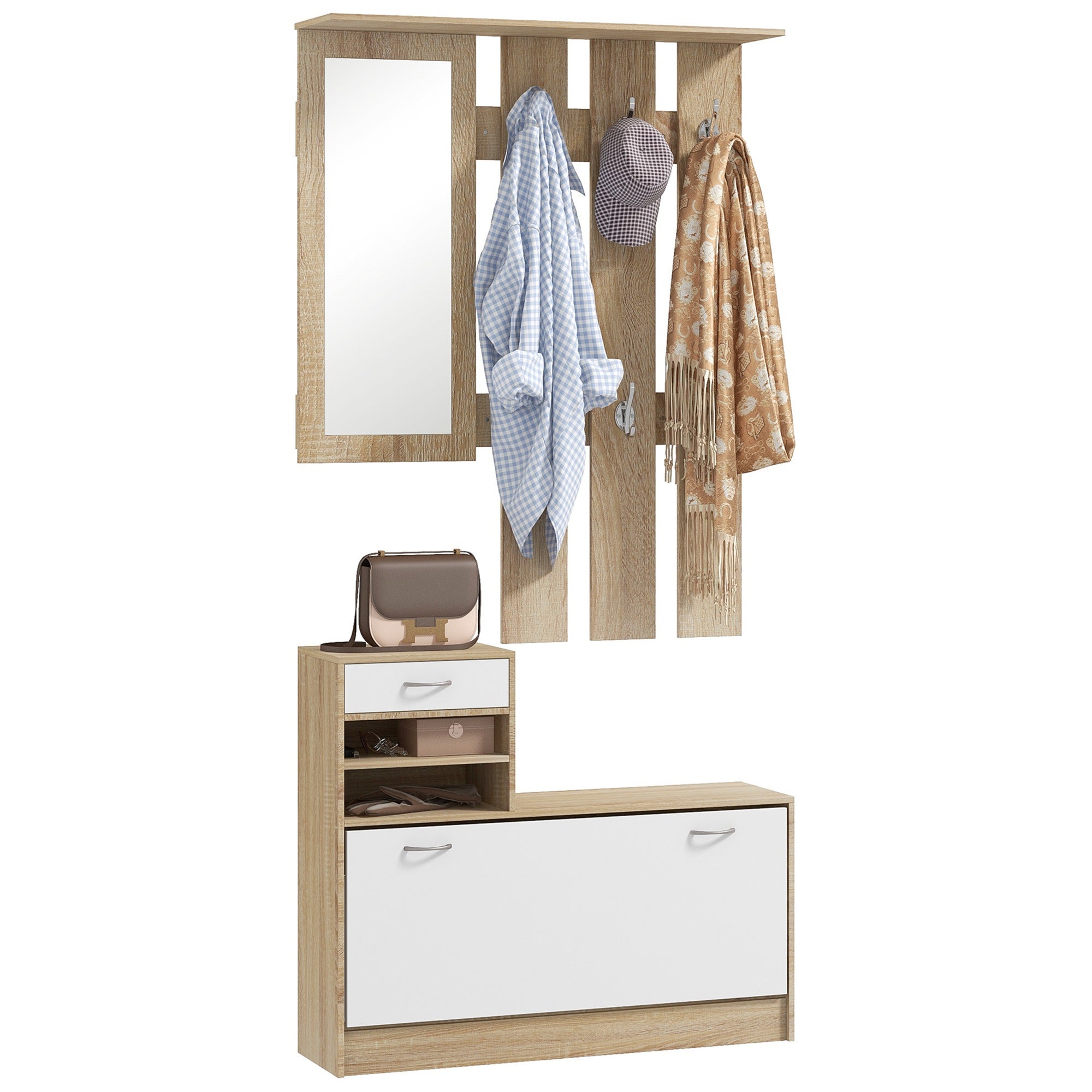Móvel Cabide de Entrada 3 em 1 - 90x10x102 cm - Branco e Madeira