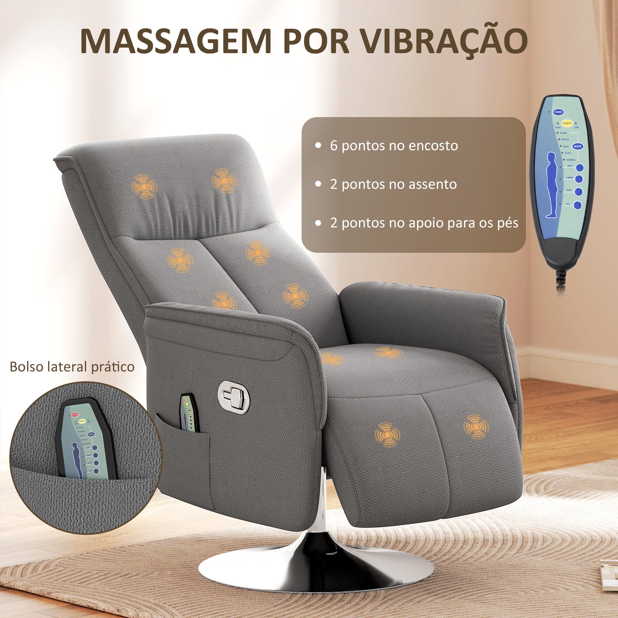Poltrona de Massagem Elétrica Cinzenta 68,5x84x110cm - Relaxamento Total em Casa