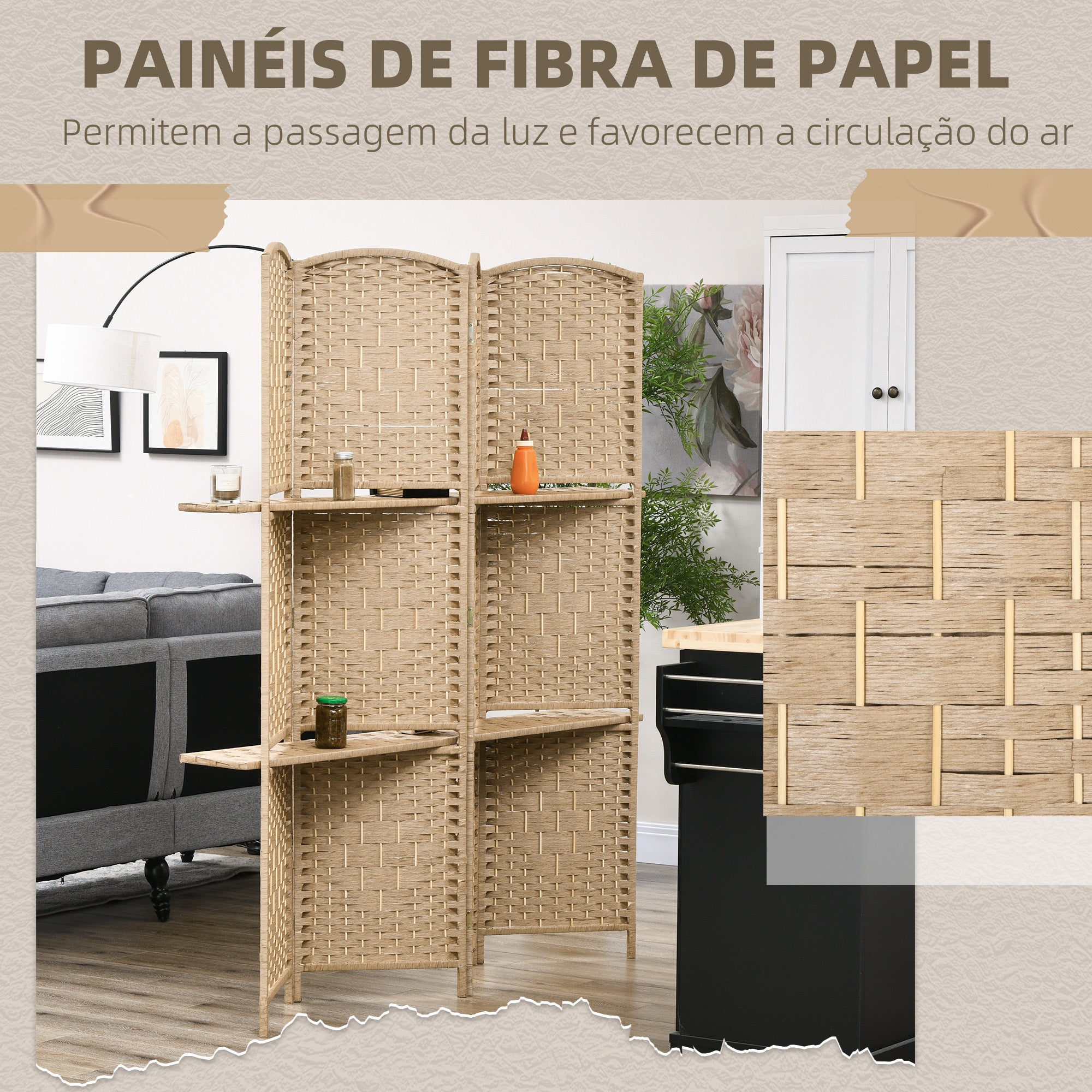 Biombo de 4 Painéis 160x170 cm Cor de Madeira Natural