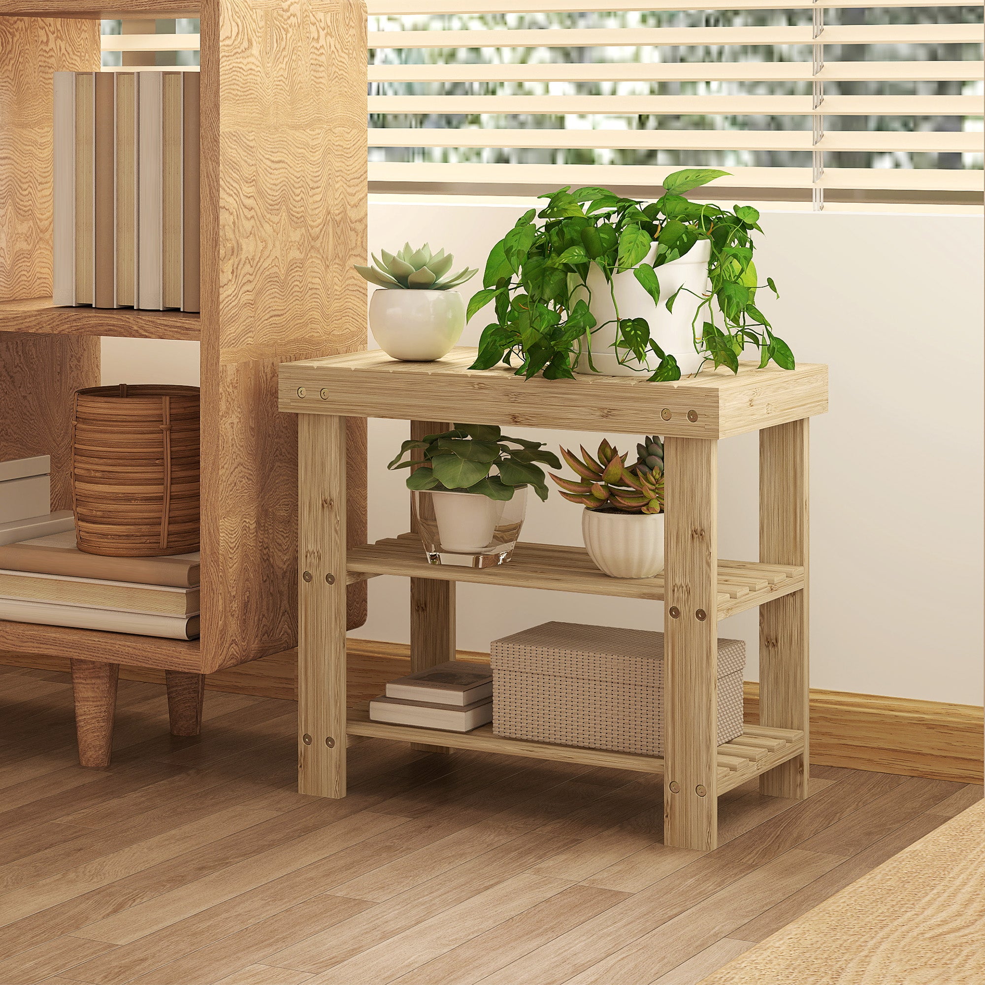Banco Sapateira de Bambu com Assento 50x28x45 cm - Cor de Madeira Natural