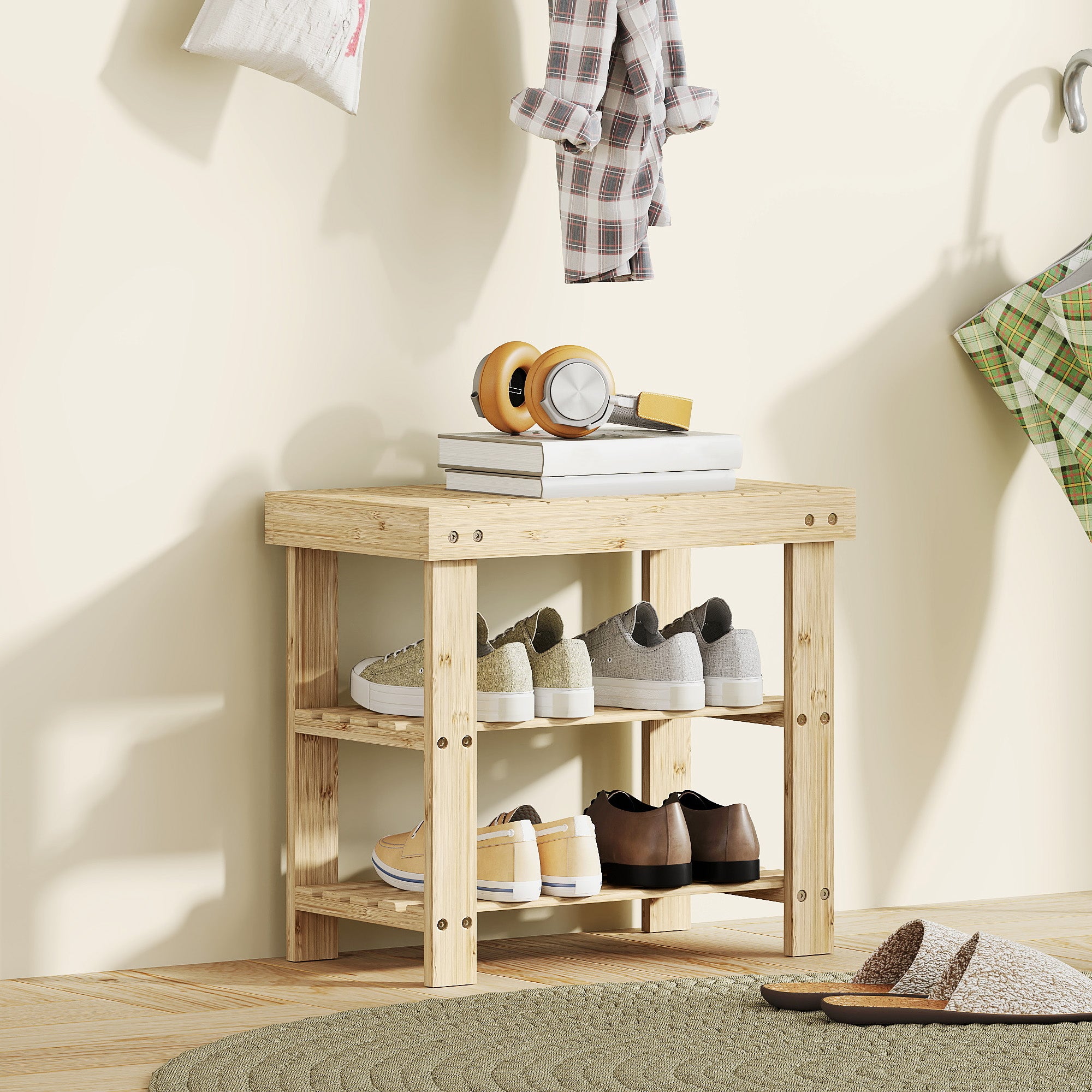 Banco Sapateira de Bambu com Assento 50x28x45 cm - Cor de Madeira Natural