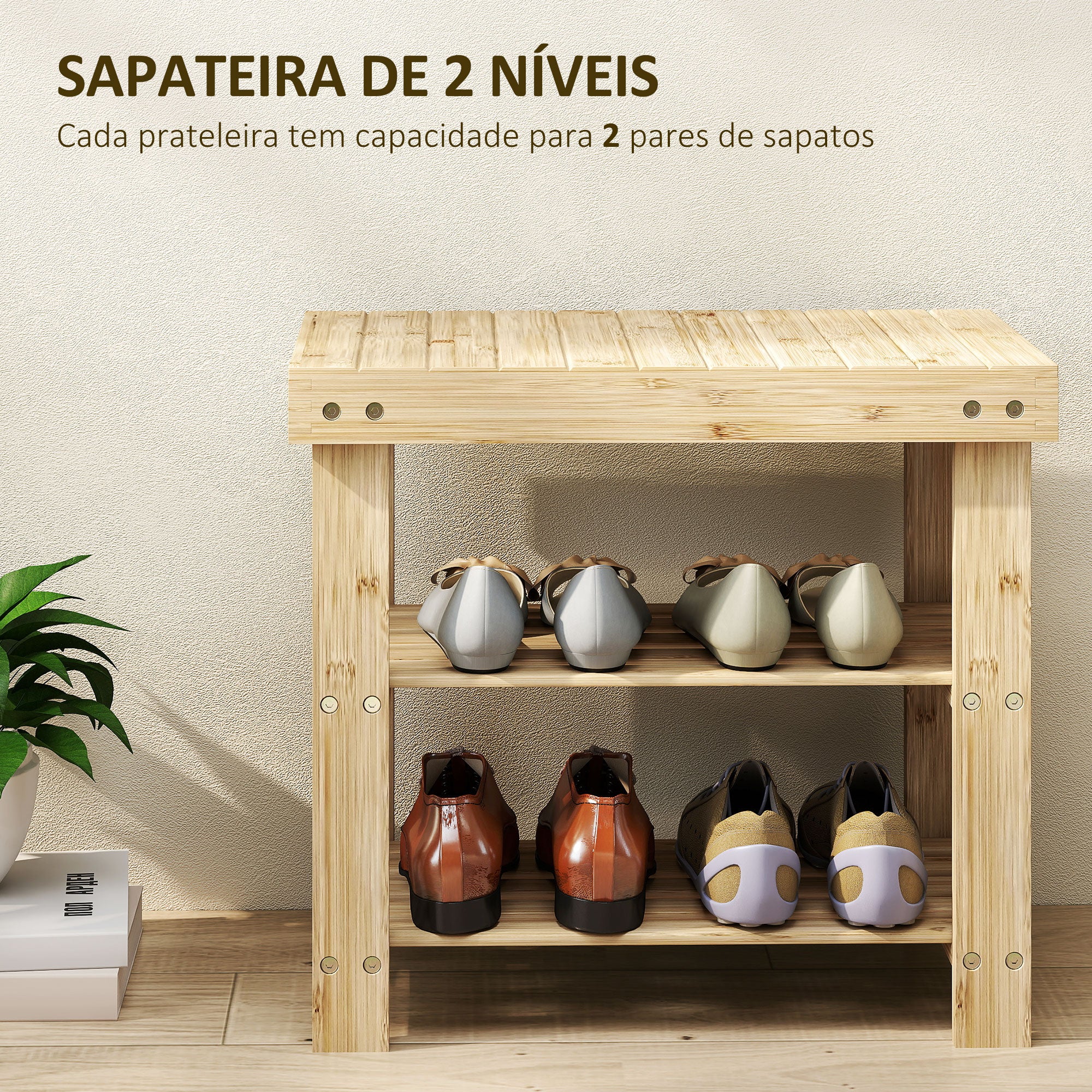 Banco Sapateira de Bambu com Assento 50x28x45 cm - Cor de Madeira Natural
