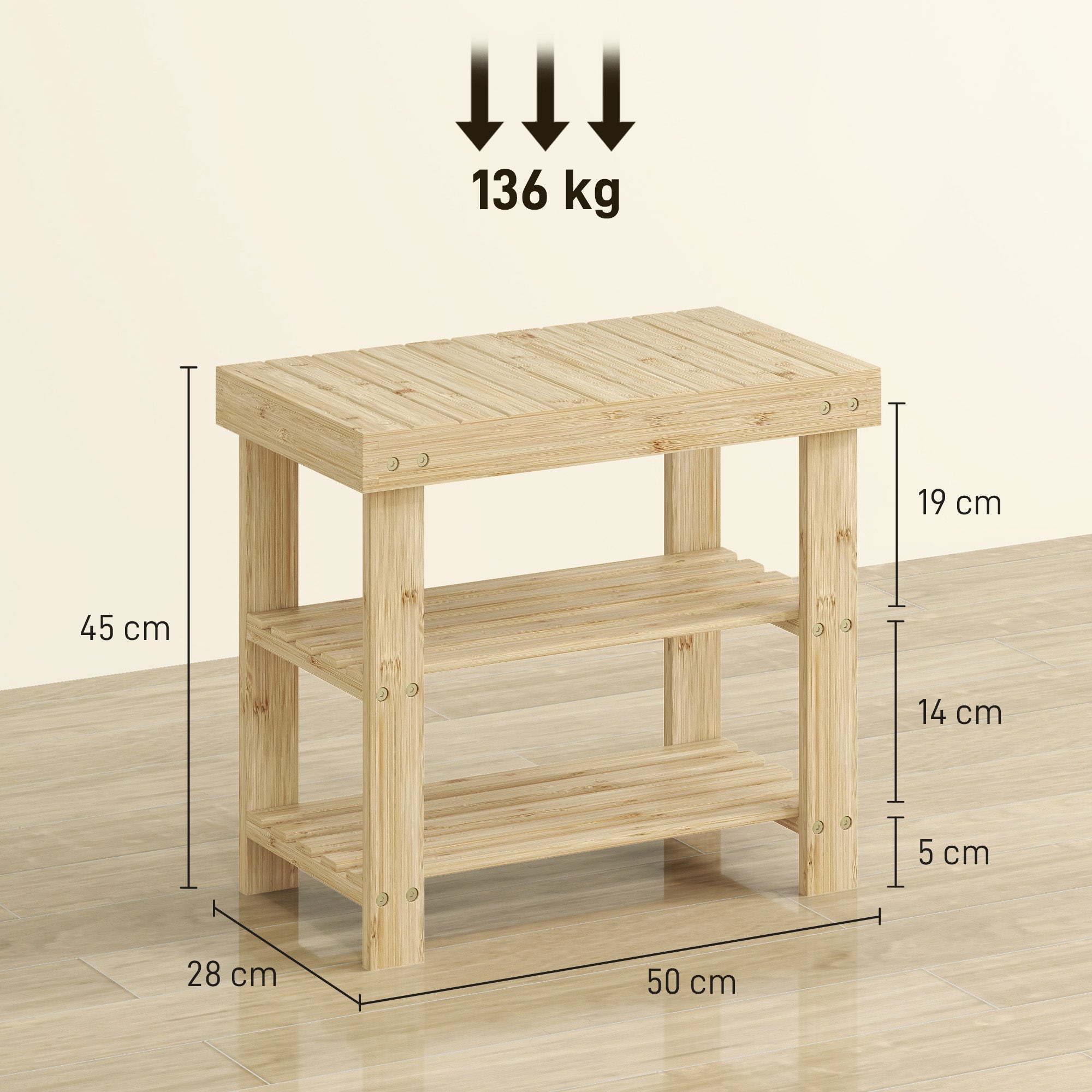 Banco Sapateira de Bambu com Assento 50x28x45 cm - Cor de Madeira Natural