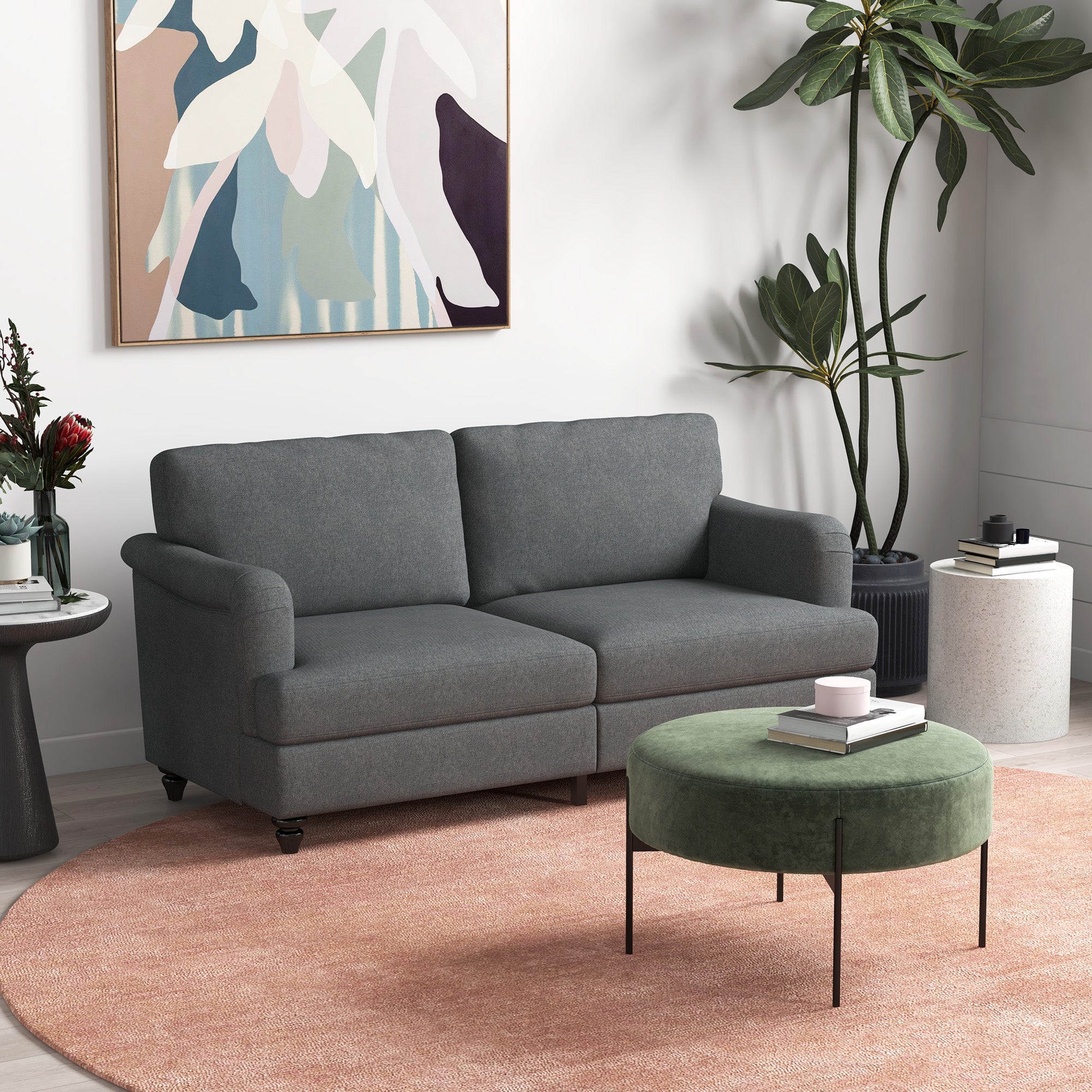 Sofá de 2 Lugares Cinza Escuro 180x82x73 cm em Linho Sintético