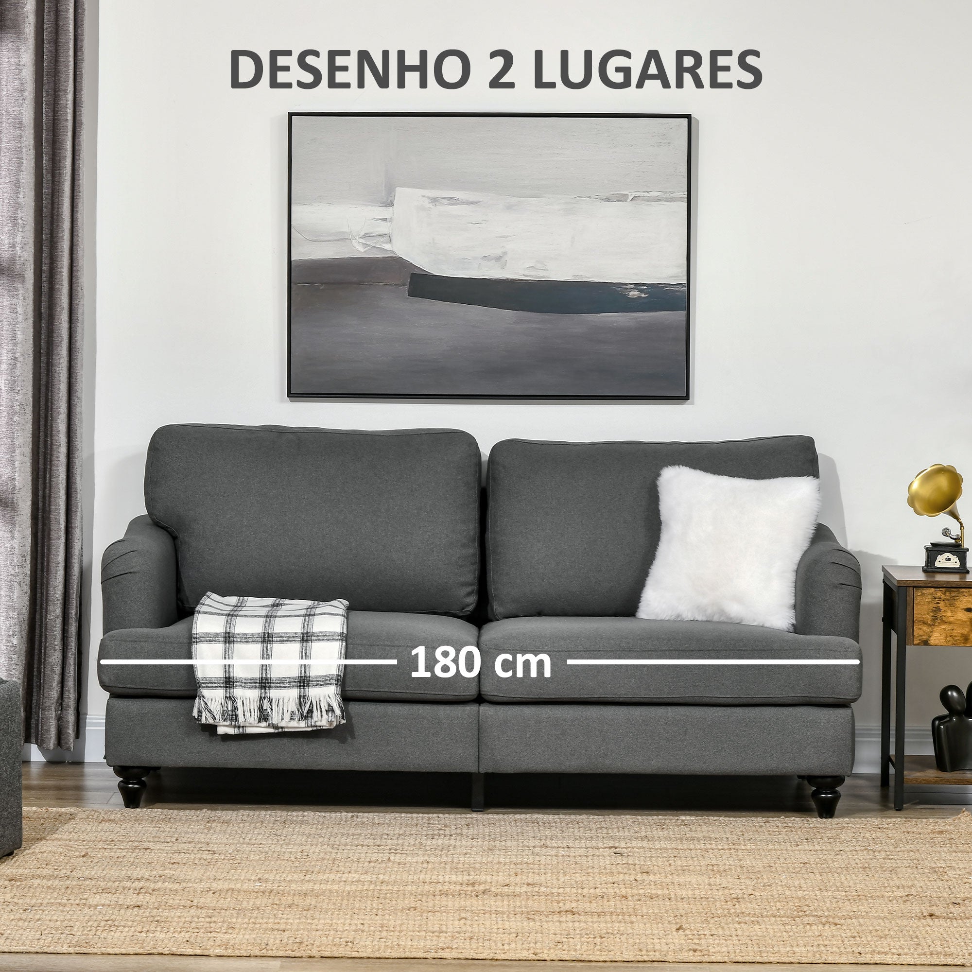 Sofá de 2 Lugares Cinza Escuro 180x82x73 cm em Linho Sintético