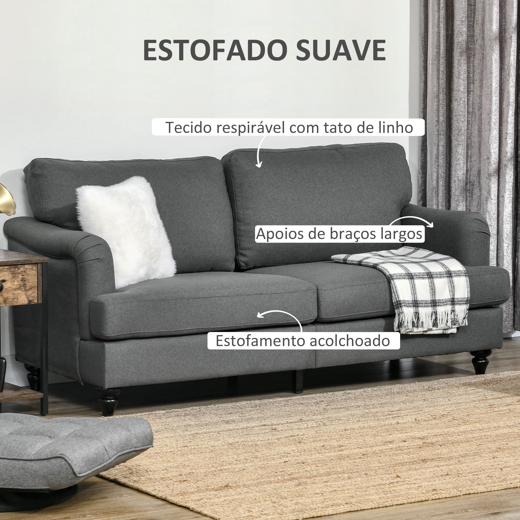 Sofá de 2 Lugares Cinza Escuro 180x82x73 cm em Linho Sintético