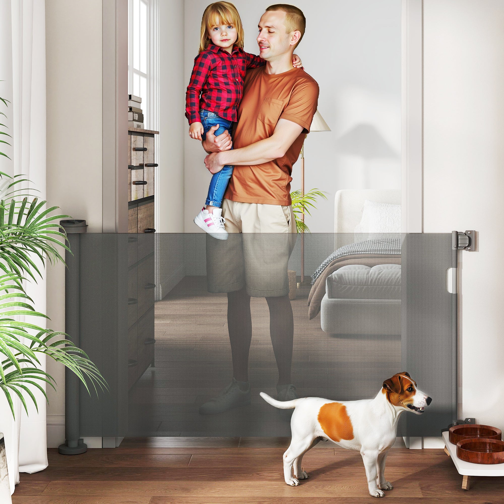 Barreira de Segurança Retrátil para Cães - 142x10x87 cm - Cinzento