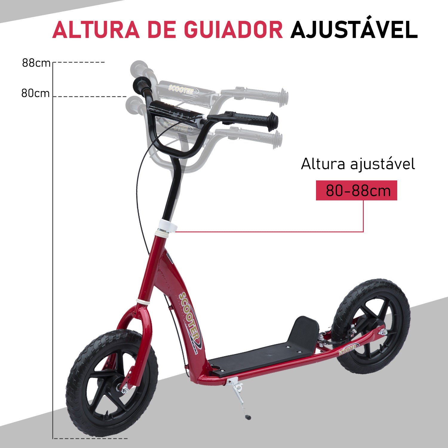Trotinete Vermelha com 2 Rodas de 12 Polegadas e Guiador Ajustável - 120x52x80-88cm