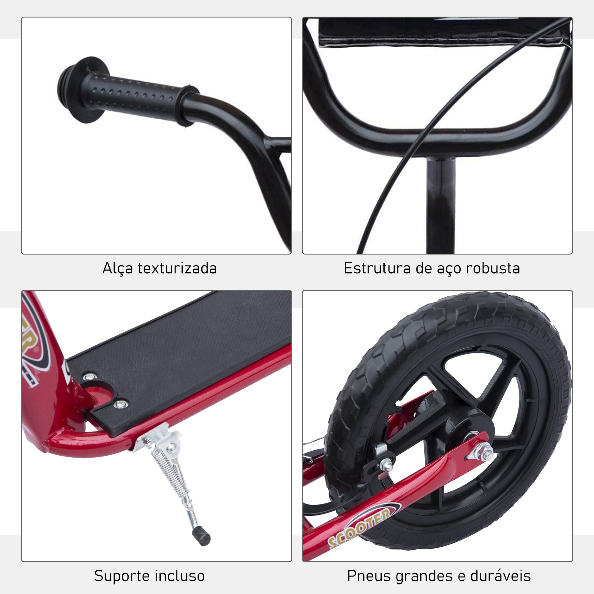 Trotinete Vermelha com 2 Rodas de 12 Polegadas e Guiador Ajustável - 120x52x80-88cm
