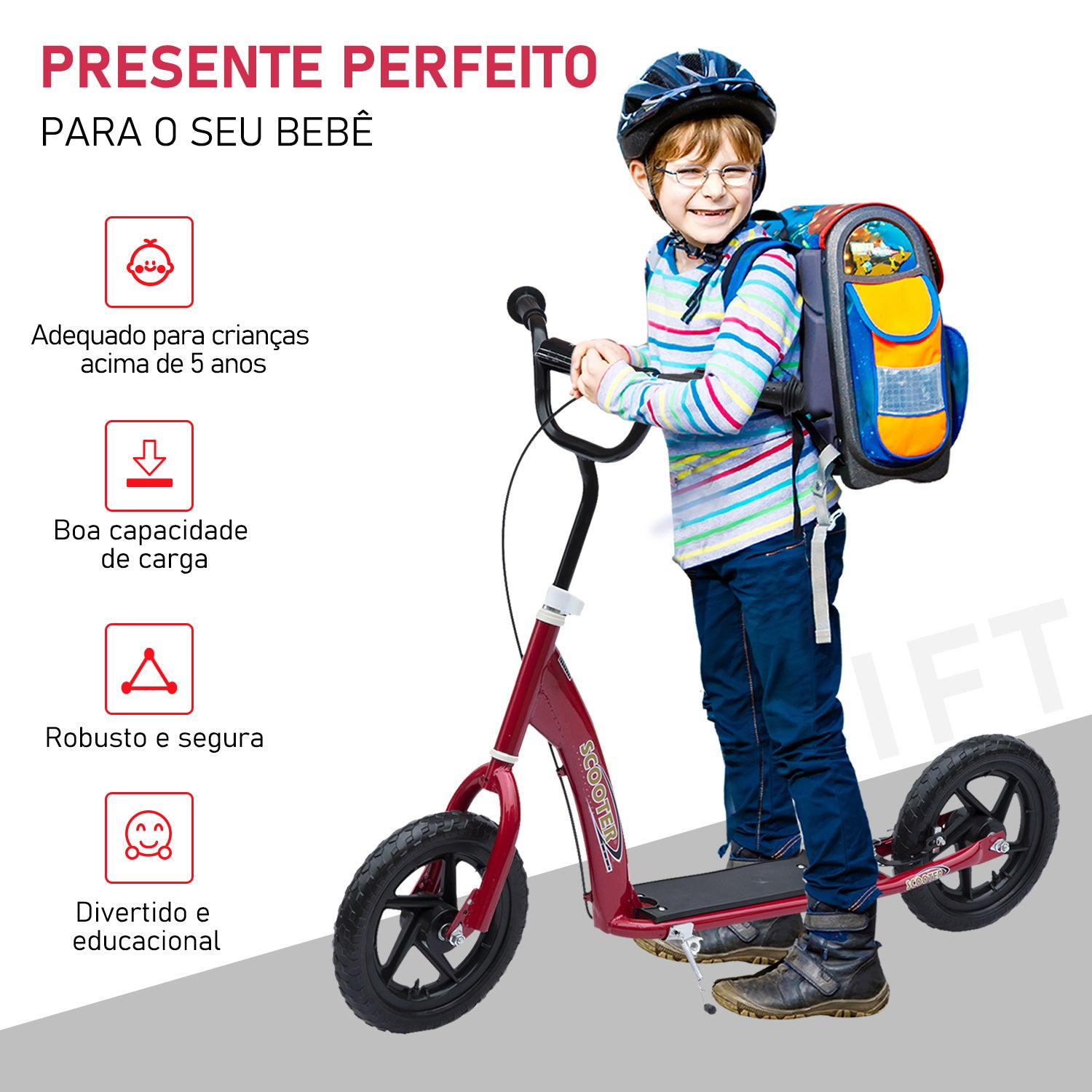 Trotinete Vermelha com 2 Rodas de 12 Polegadas e Guiador Ajustável - 120x52x80-88cm