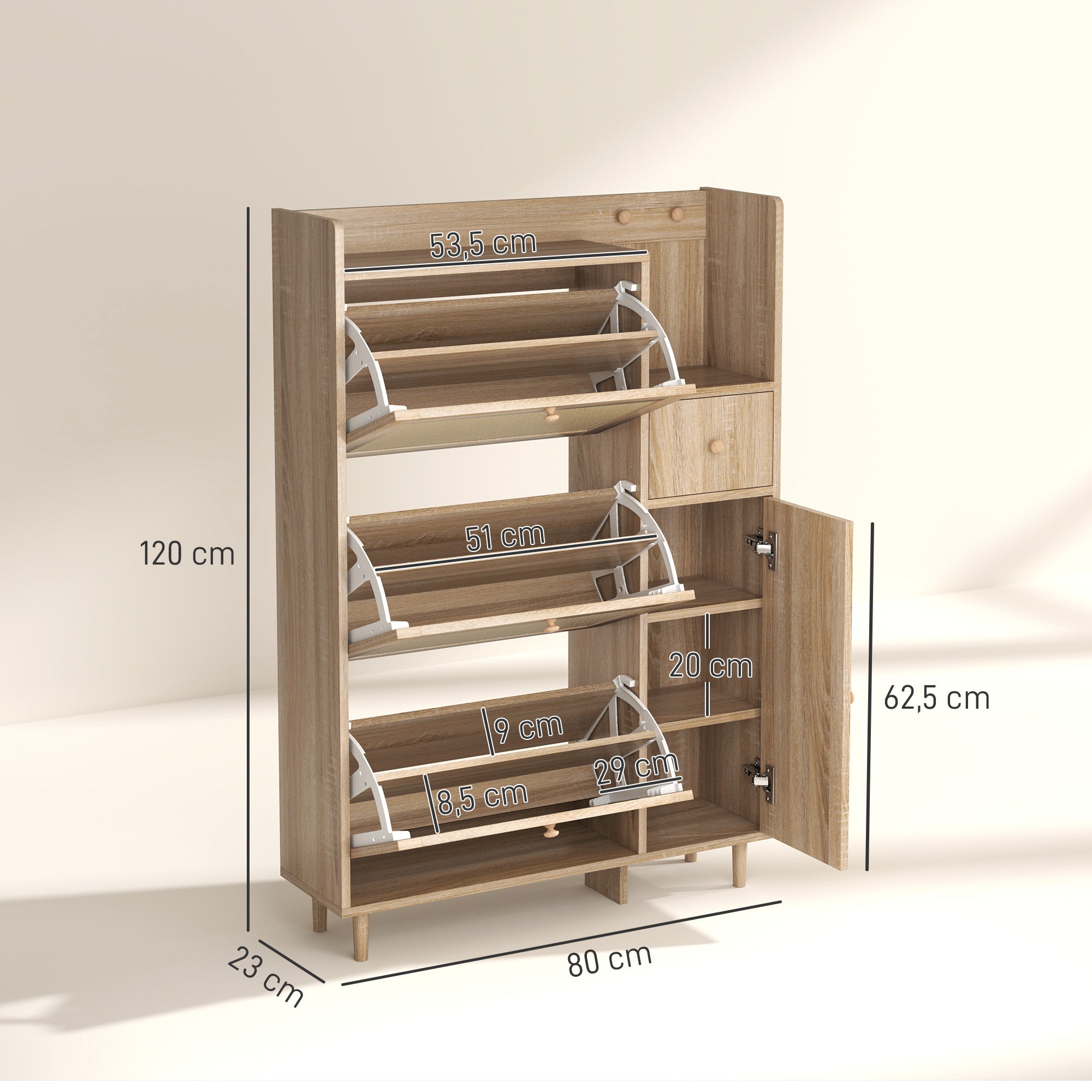 Sapateira Estreita com 3 Gavetas - 80x23x120 cm - Cor de Madeira Natural - Vime