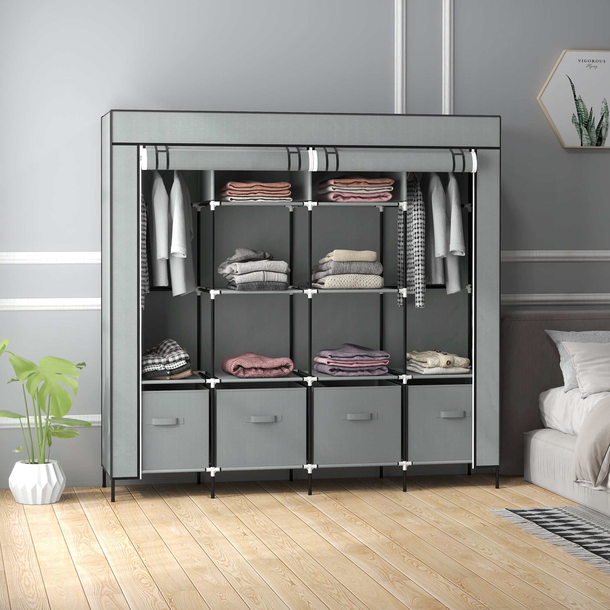 Roupeiro de Tecido com 10 Compartimentos e 4 Gavetas 166x42,5x169,5 cm - Cinza Escuro
