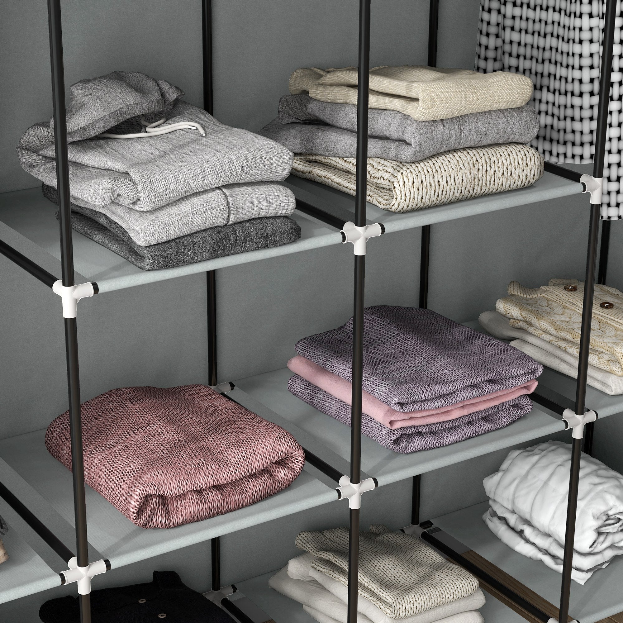 Roupeiro de Tecido com 10 Compartimentos e 4 Gavetas 166x42,5x169,5 cm - Cinza Escuro