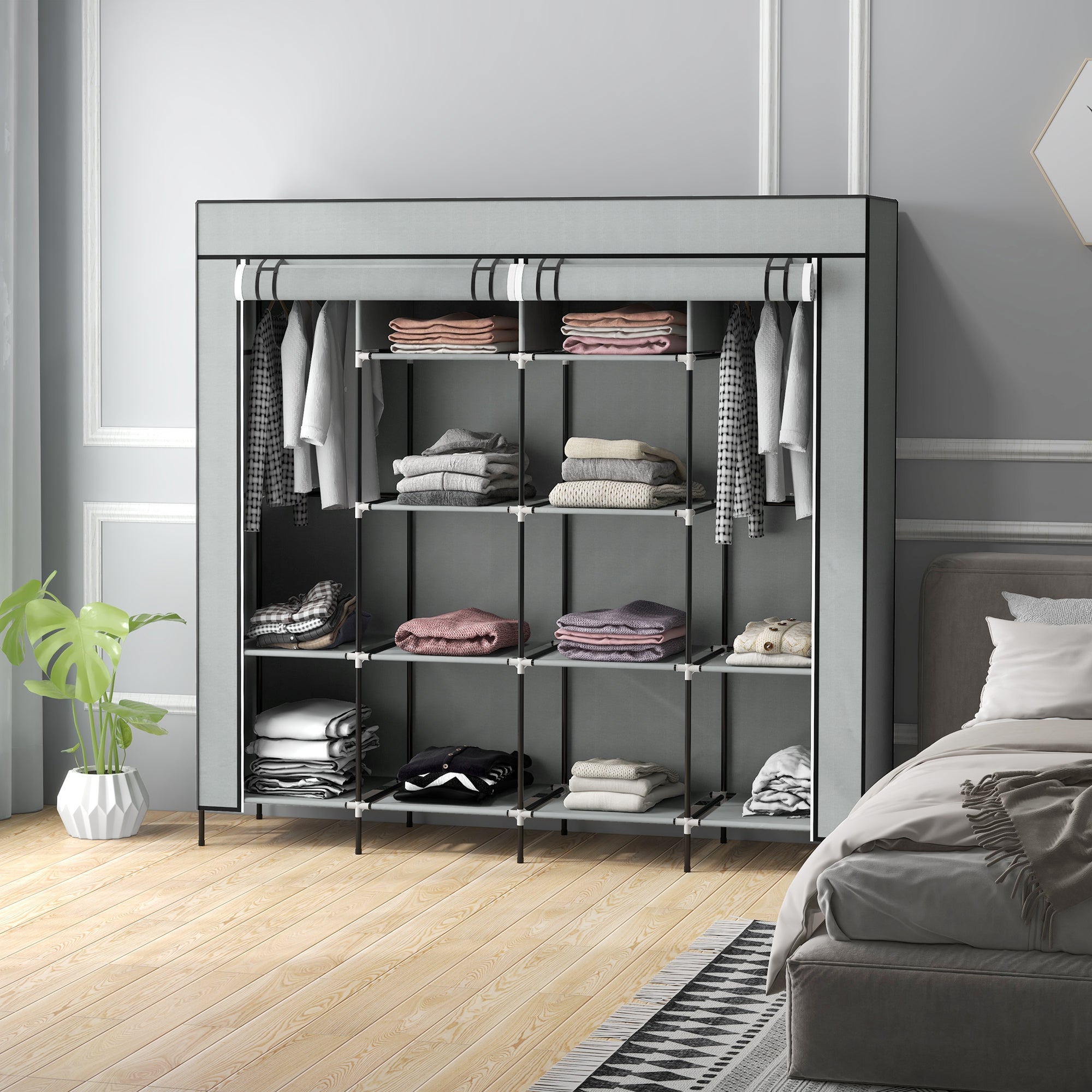 Roupeiro de Tecido com 10 Compartimentos e 4 Gavetas 166x42,5x169,5 cm - Cinza Escuro