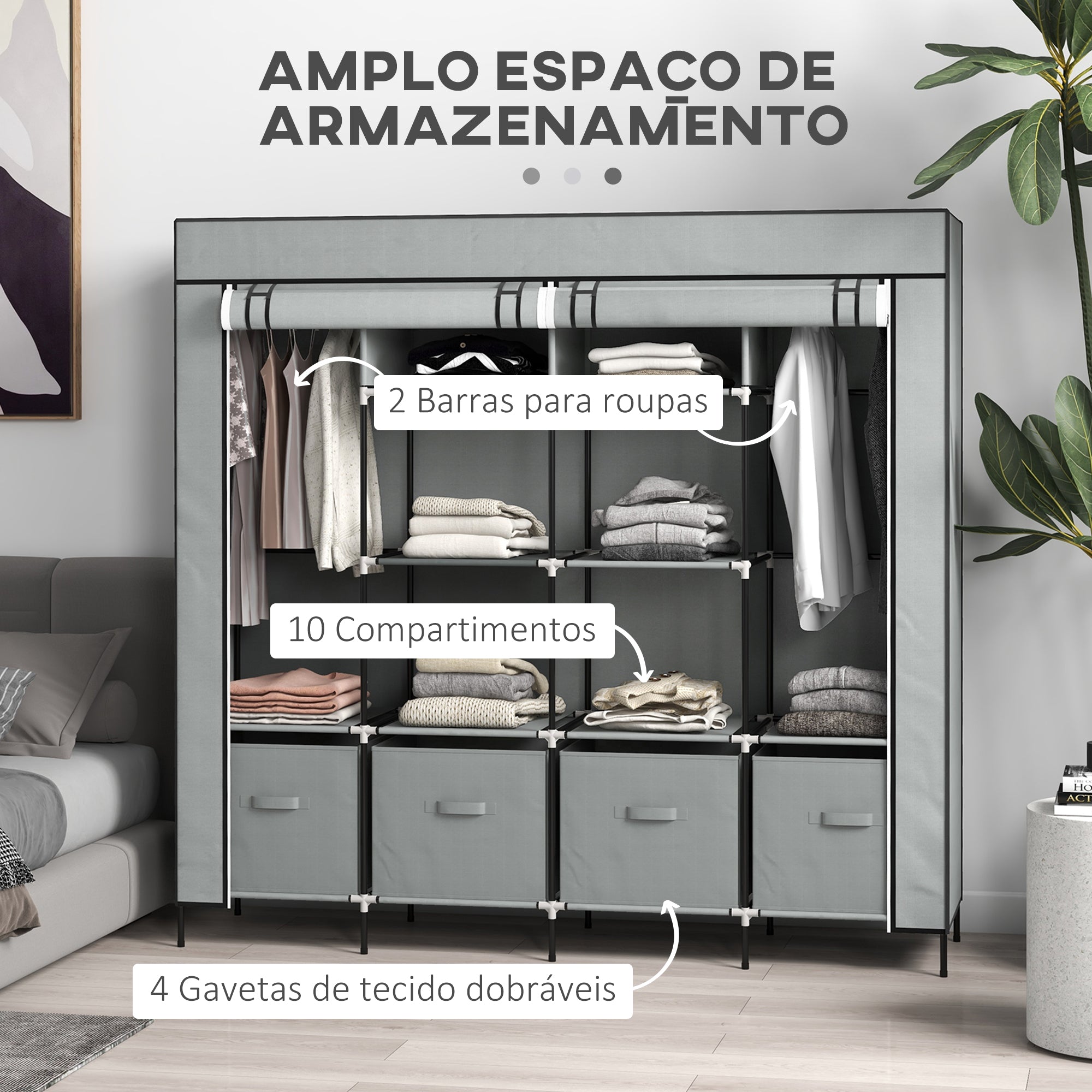 Roupeiro de Tecido com 10 Compartimentos e 4 Gavetas 166x42,5x169,5 cm - Cinza Escuro