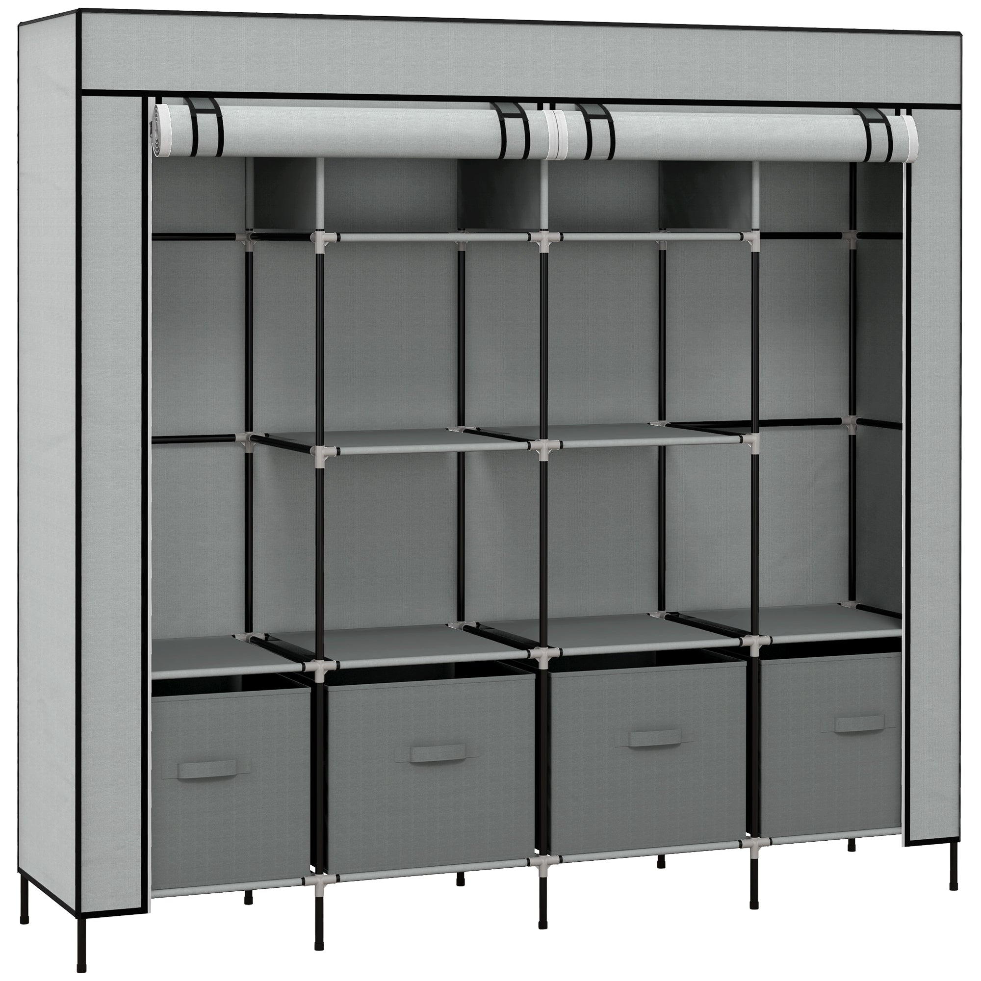 Roupeiro de Tecido com 10 Compartimentos e 4 Gavetas 166x42,5x169,5 cm - Cinza Escuro