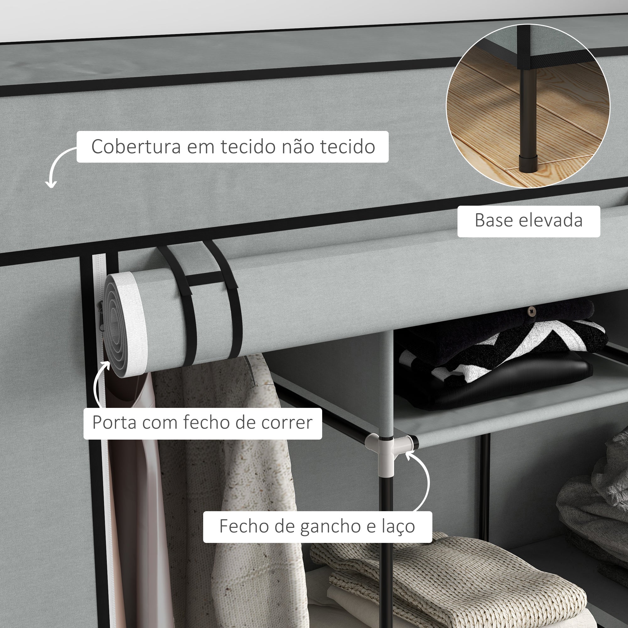 Roupeiro de Tecido com 10 Compartimentos e 4 Gavetas 166x42,5x169,5 cm - Cinza Escuro