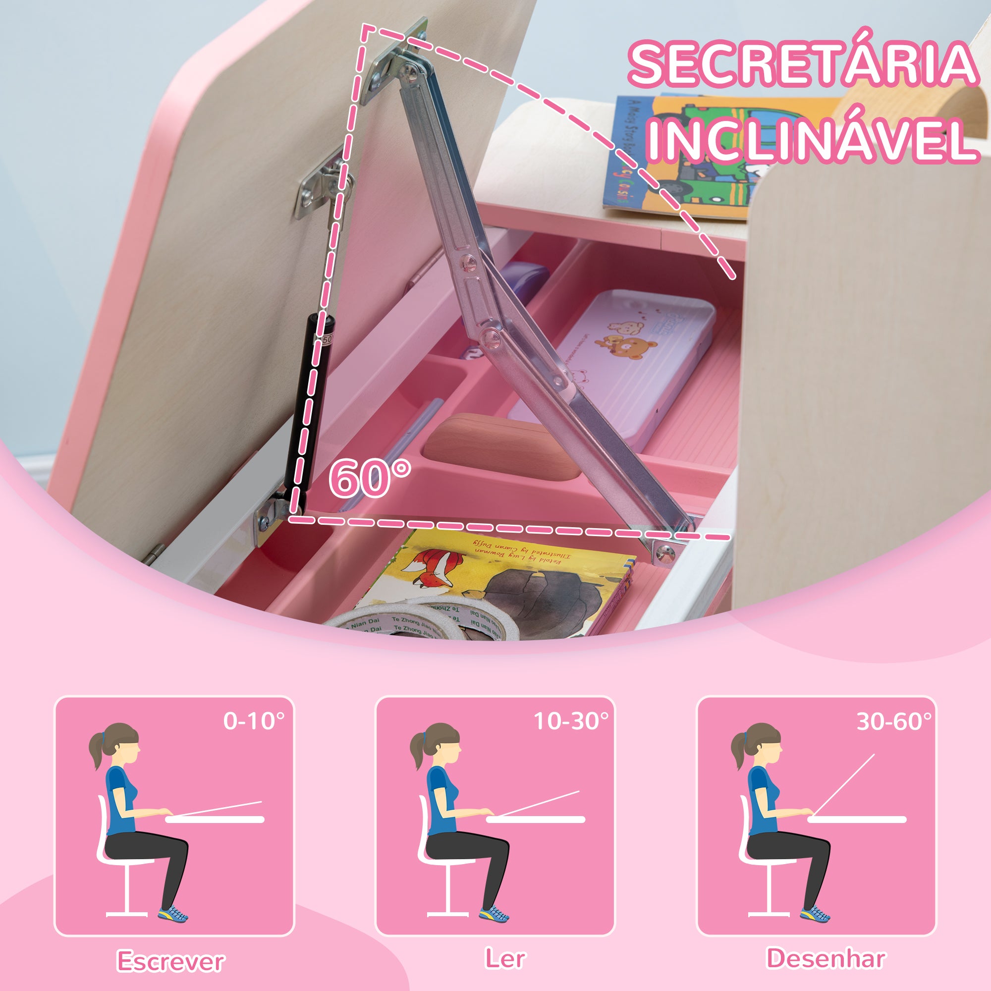 Conjunto de Secretária e Cadeira para Crianças – 80x52x88x109cm – Rosa – PP, MDF e aço