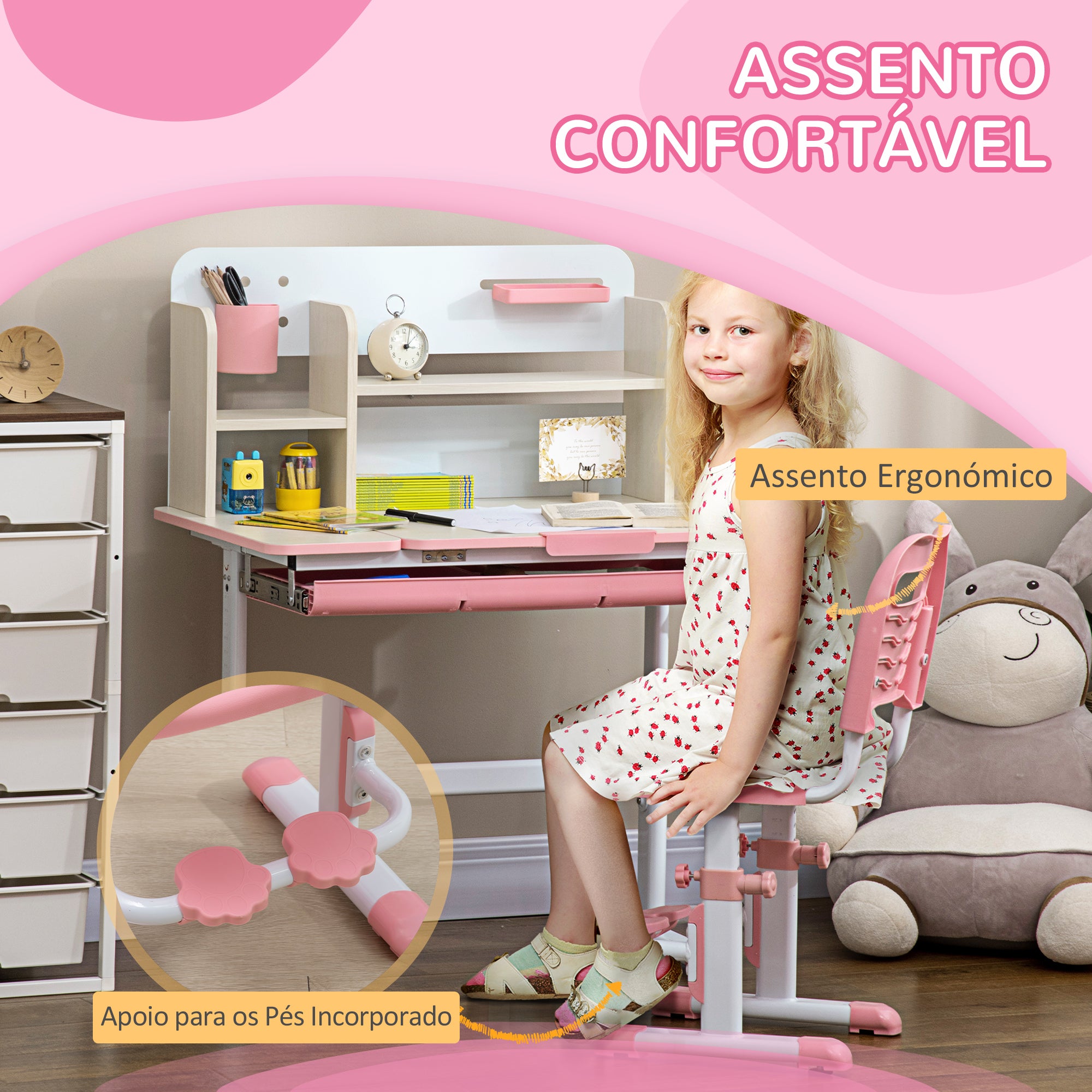 Conjunto de Secretária e Cadeira para Crianças – 80x52x88x109cm – Rosa – PP, MDF e aço