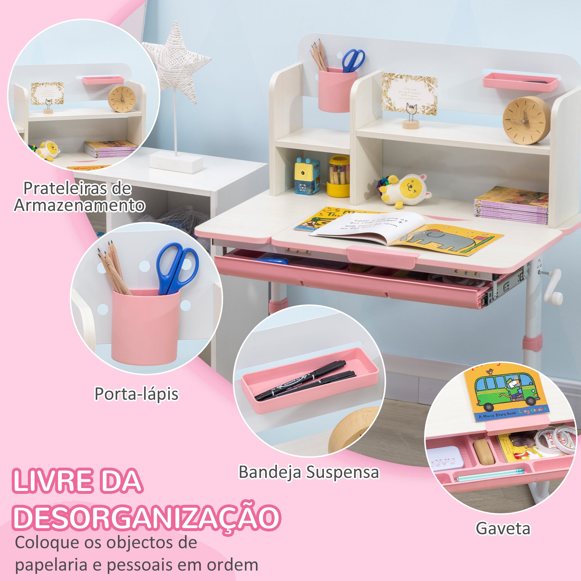 Conjunto de Secretária e Cadeira para Crianças – 80x52x88x109cm – Rosa – PP, MDF e aço
