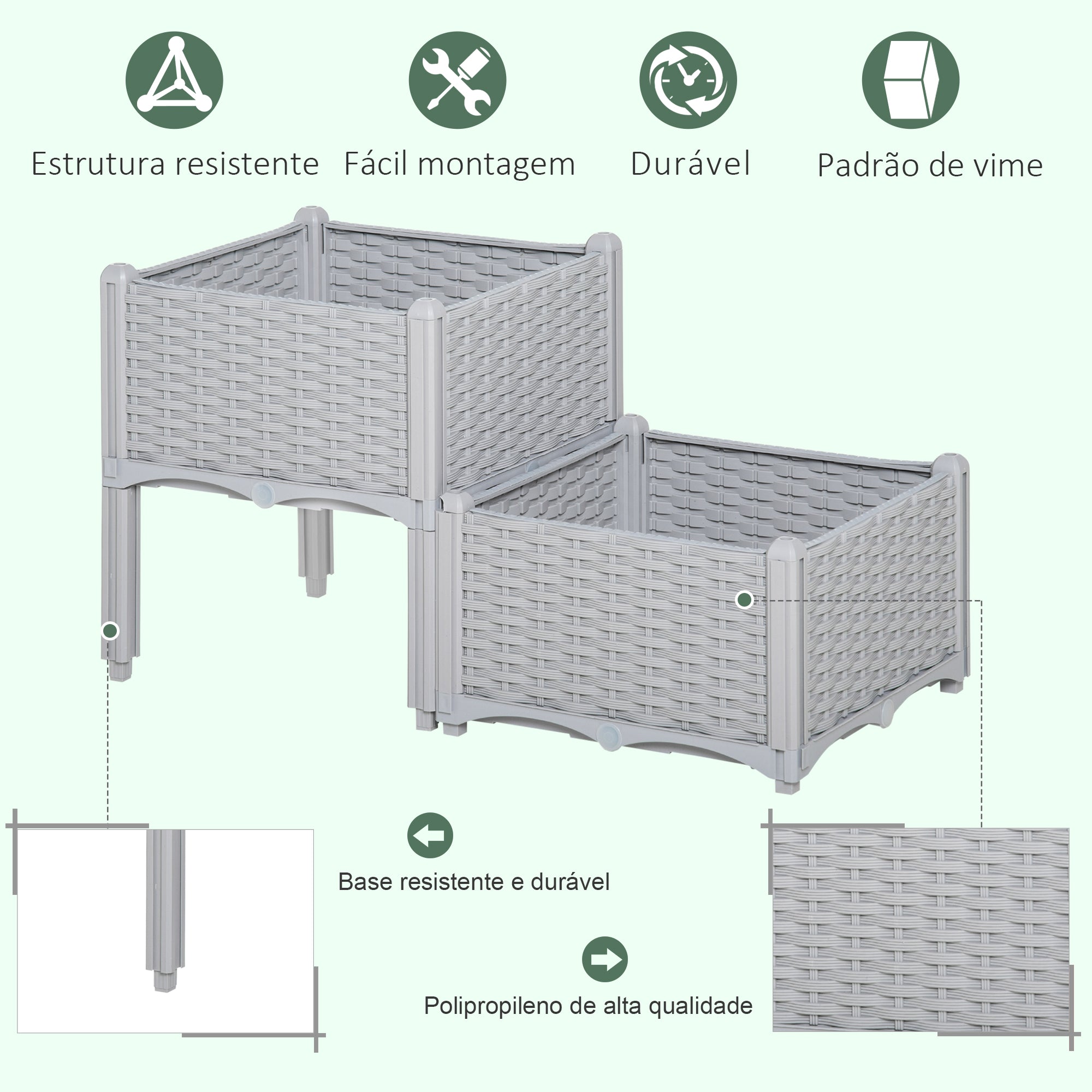 Conjunto de 2 Floreiras Quadradas – 40x40x26-44cm – Cinzento – PP