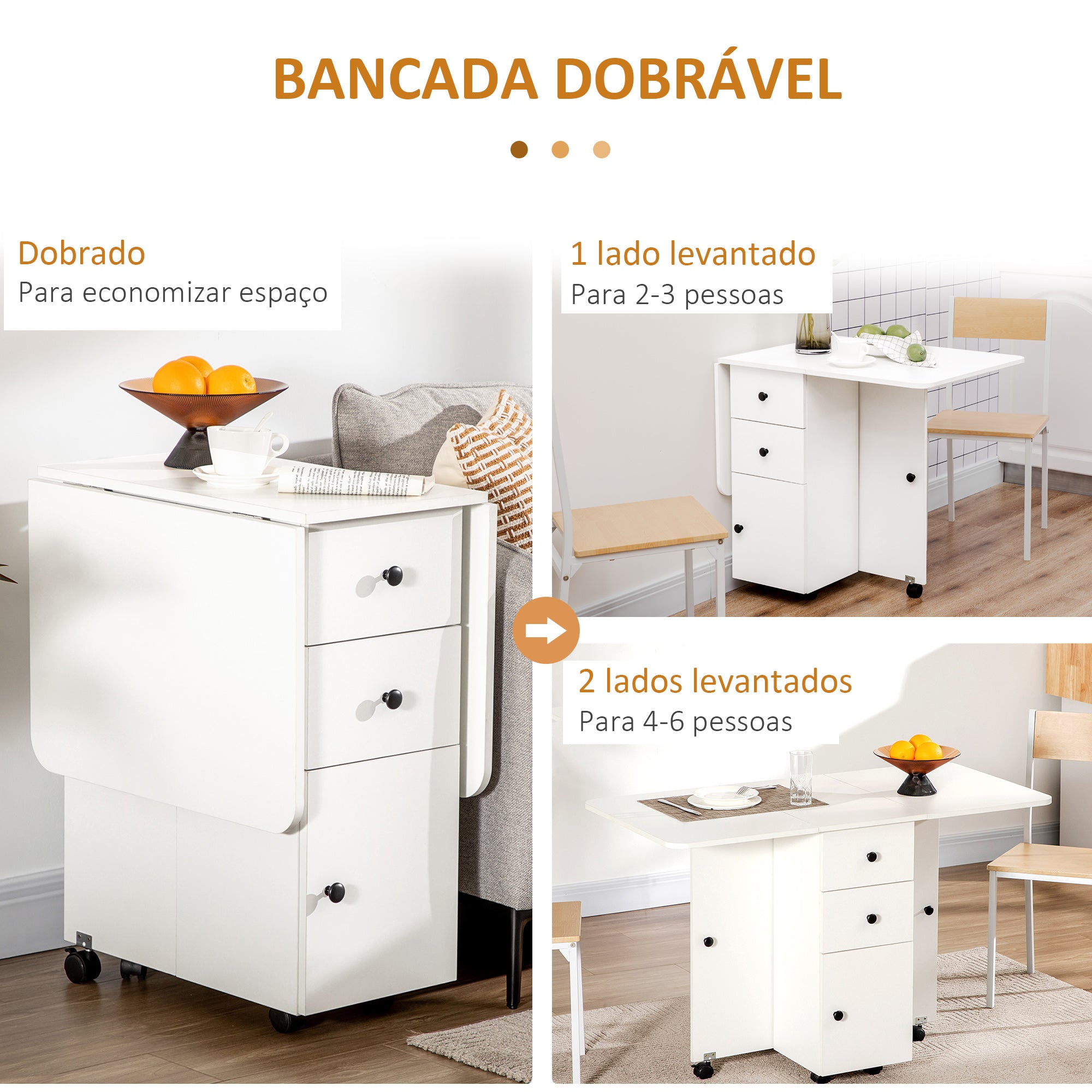 Mesa de Jantar Dobrável com Rodas 120x60x76.5cm - Cor Branco